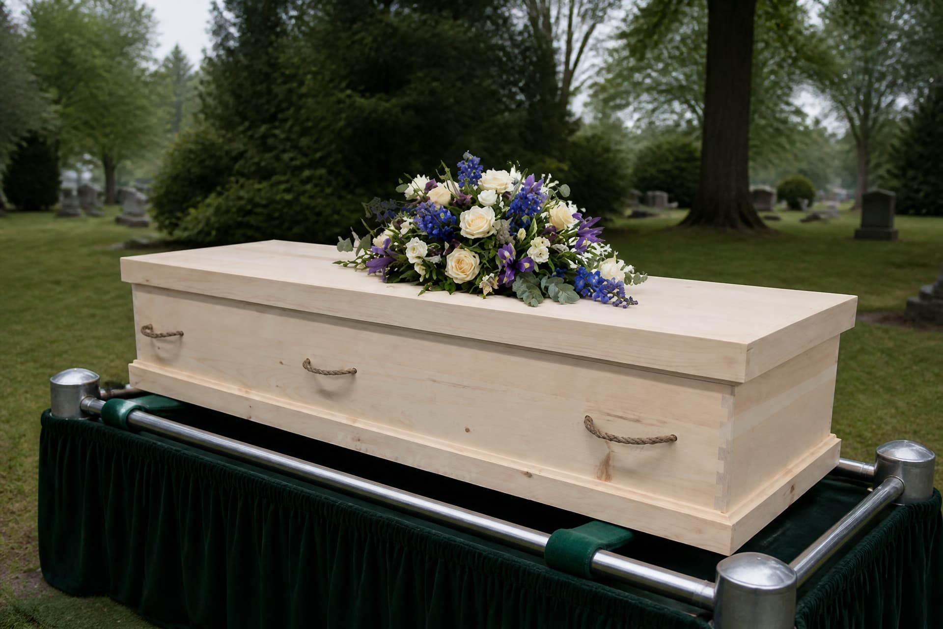 A plain unfinished wood burial casket with braided rope side handles and no metal fittings, resting on a draped bier on a cemetery lawn, with a spray of white and blue flowers laid on the lid