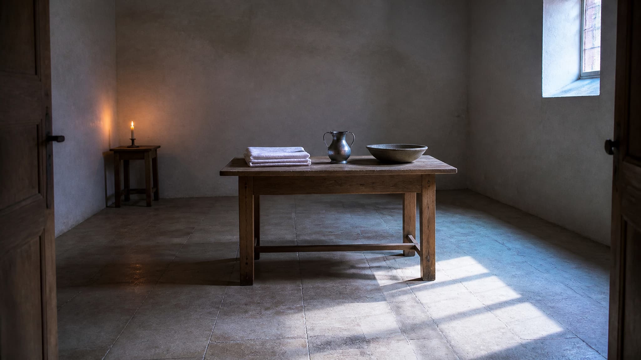 A quiet, empty preparation room at dawn with a plain wooden table, folded white linen, a metal pitcher and a stone basin, and a lit candle on a side table