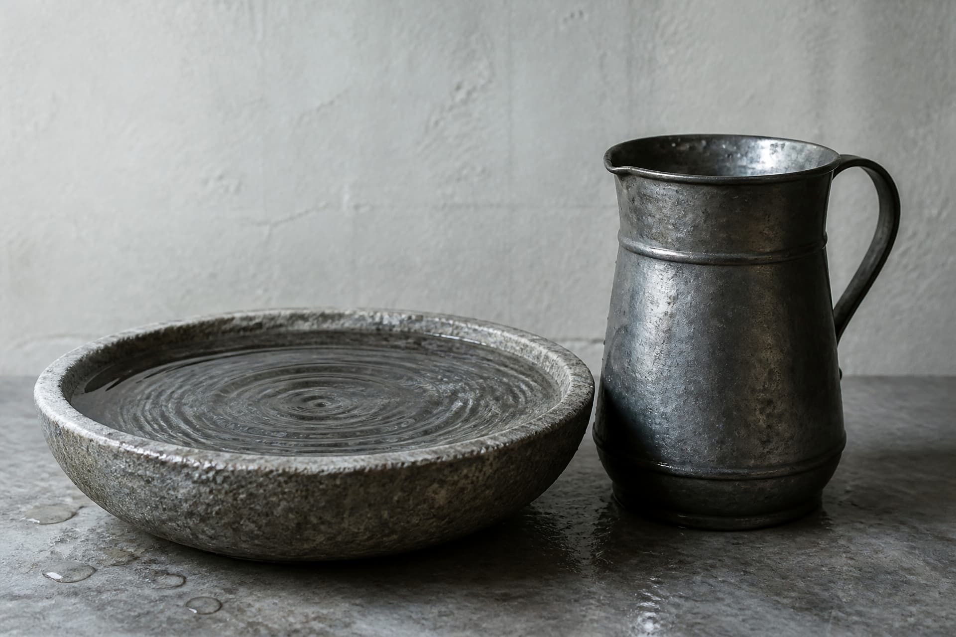 A shallow stone basin of clear water still moving in fine rings, with a plain metal pitcher standing beside it on a wet stone surface