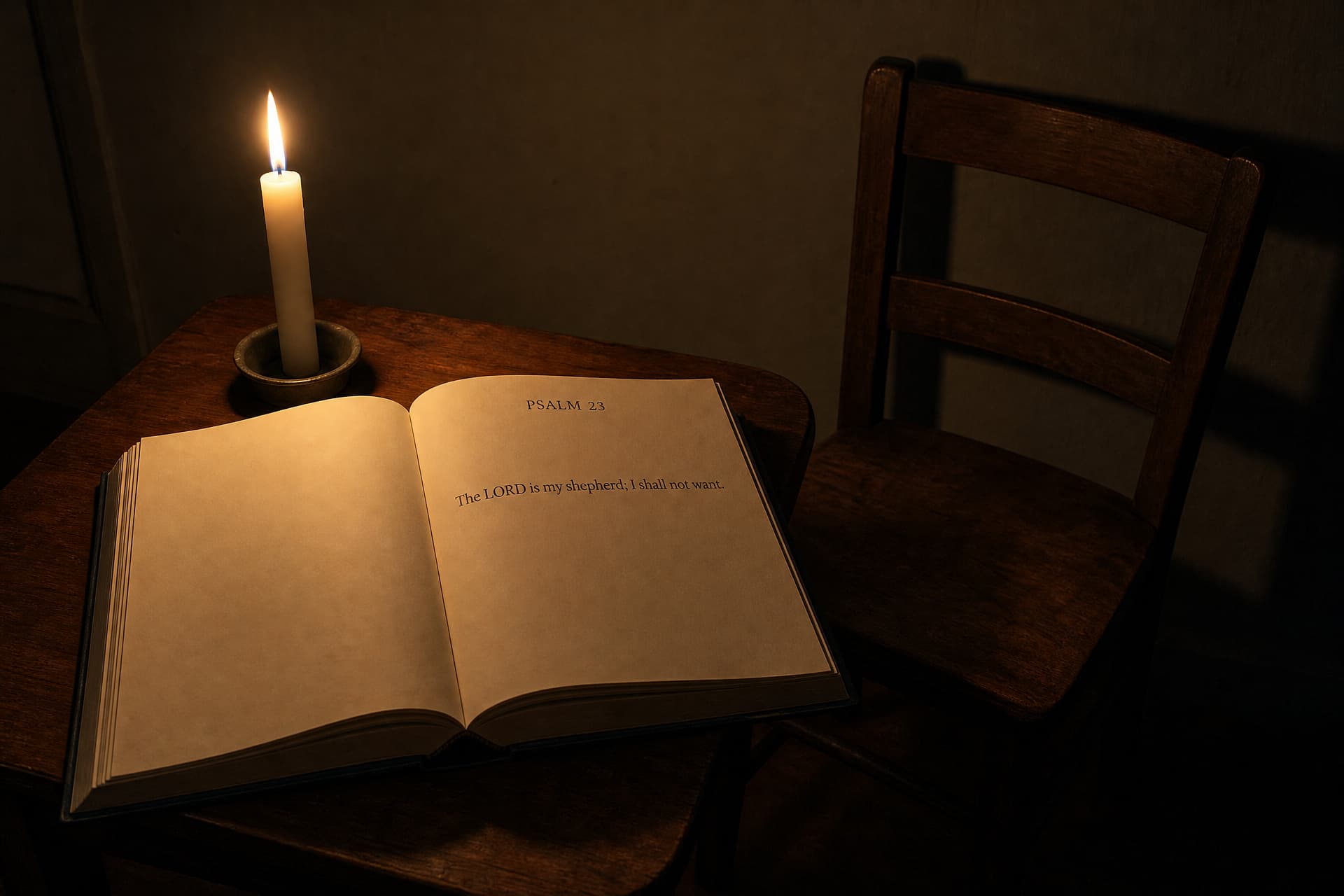 A single candle burning on a small table beside an empty wooden chair and an open book of psalms, turned to Psalm 23, photographed at night in low light