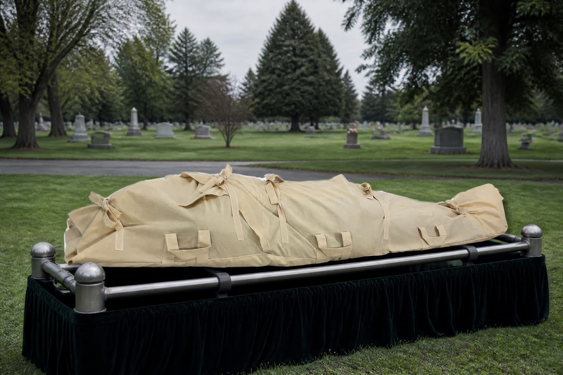 A single undyed cotton burial shroud closed with plain cloth ties and flat carrying loops, resting on a draped bier on a cemetery lawn