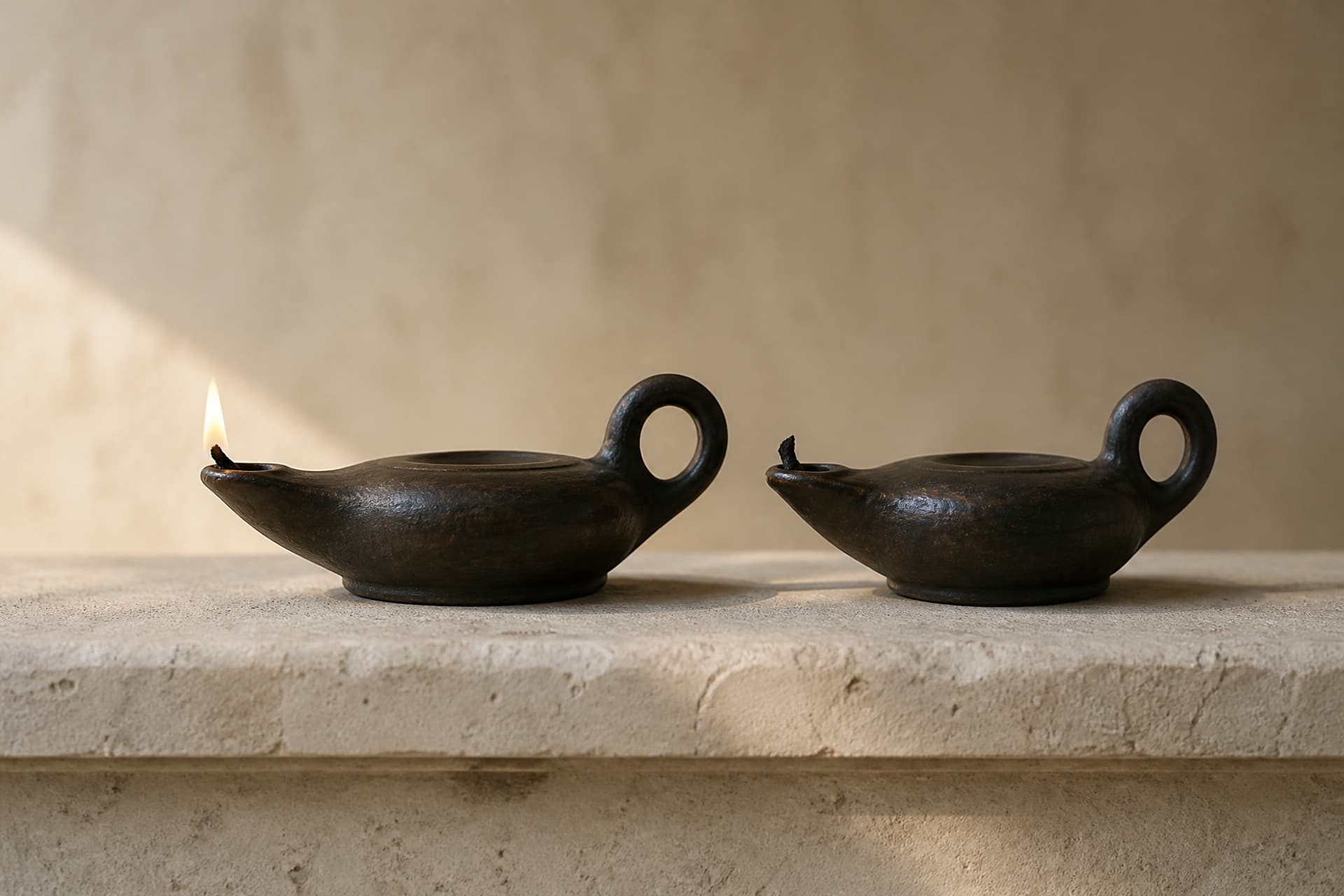 Two identical dark bronze oil lamps standing side by side on a pale stone ledge, one lit with a small steady flame and the other cold and unlit, against a plain wall in soft directional daylight