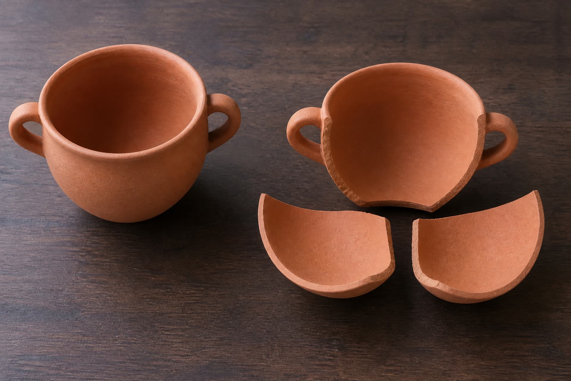Two plain unglazed terracotta drinking cups on a dark wood table, the one on the left intact and the one on the right broken into three pieces โ its handled upper body still standing, the two lower fragments set out in front of it โ lit by soft daylight