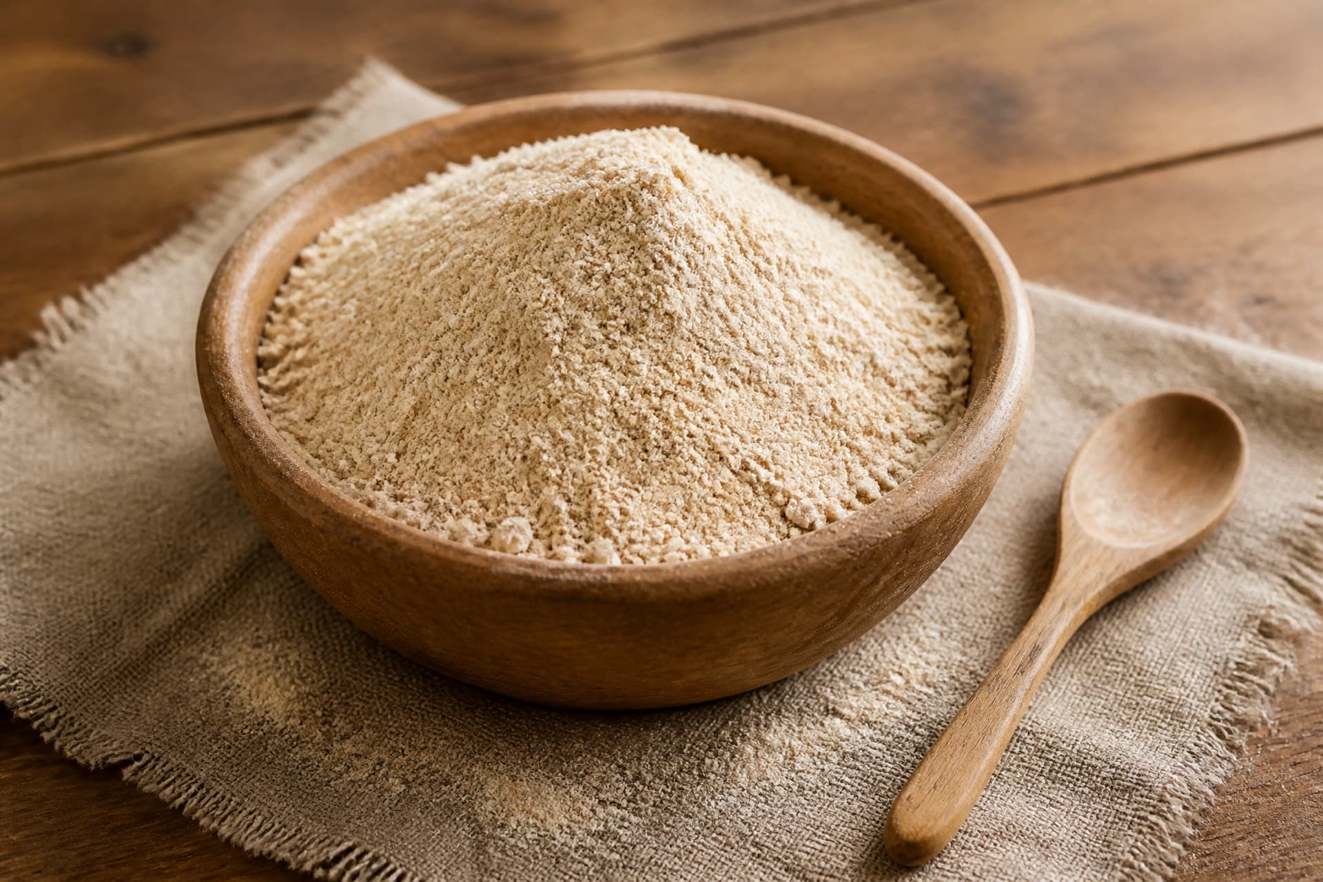 Pale roasted barley flour heaped in a plain wooden bowl on a rough cloth, with a small wooden spoon resting beside it