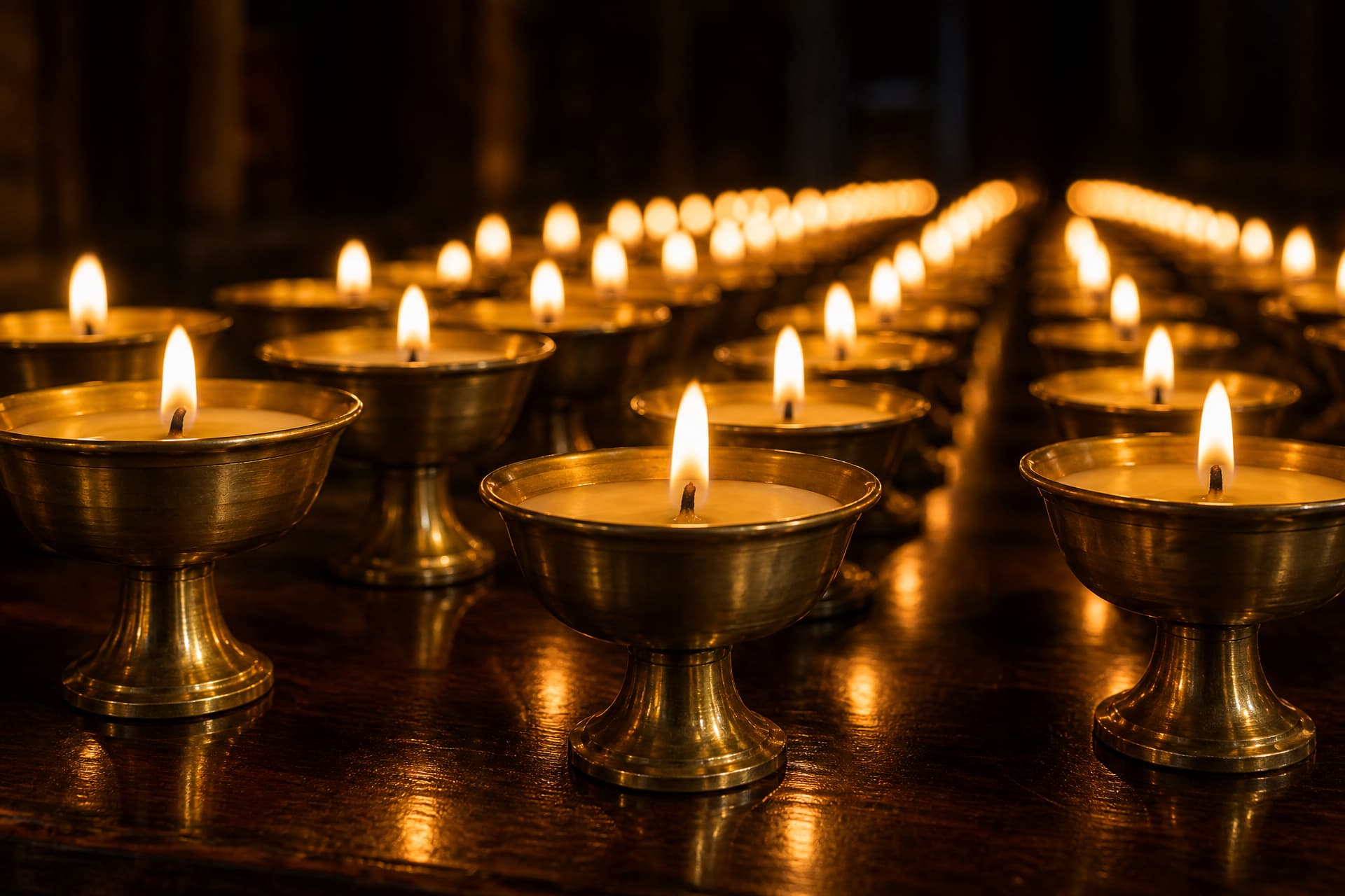 Rows of small brass butter lamps burning in a dim interior, their flames reflected on the polished surface beneath them