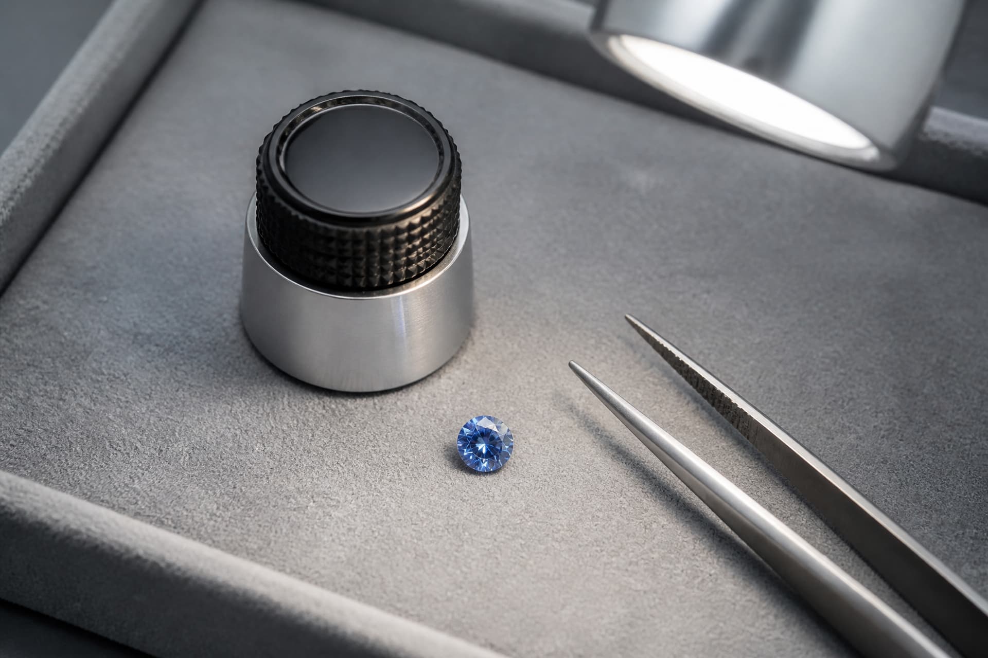A jewelerβs loupe resting lens-down on a gray suede tray beside a single small blue brilliant-cut stone and a pair of fine tweezers under an angled lamp