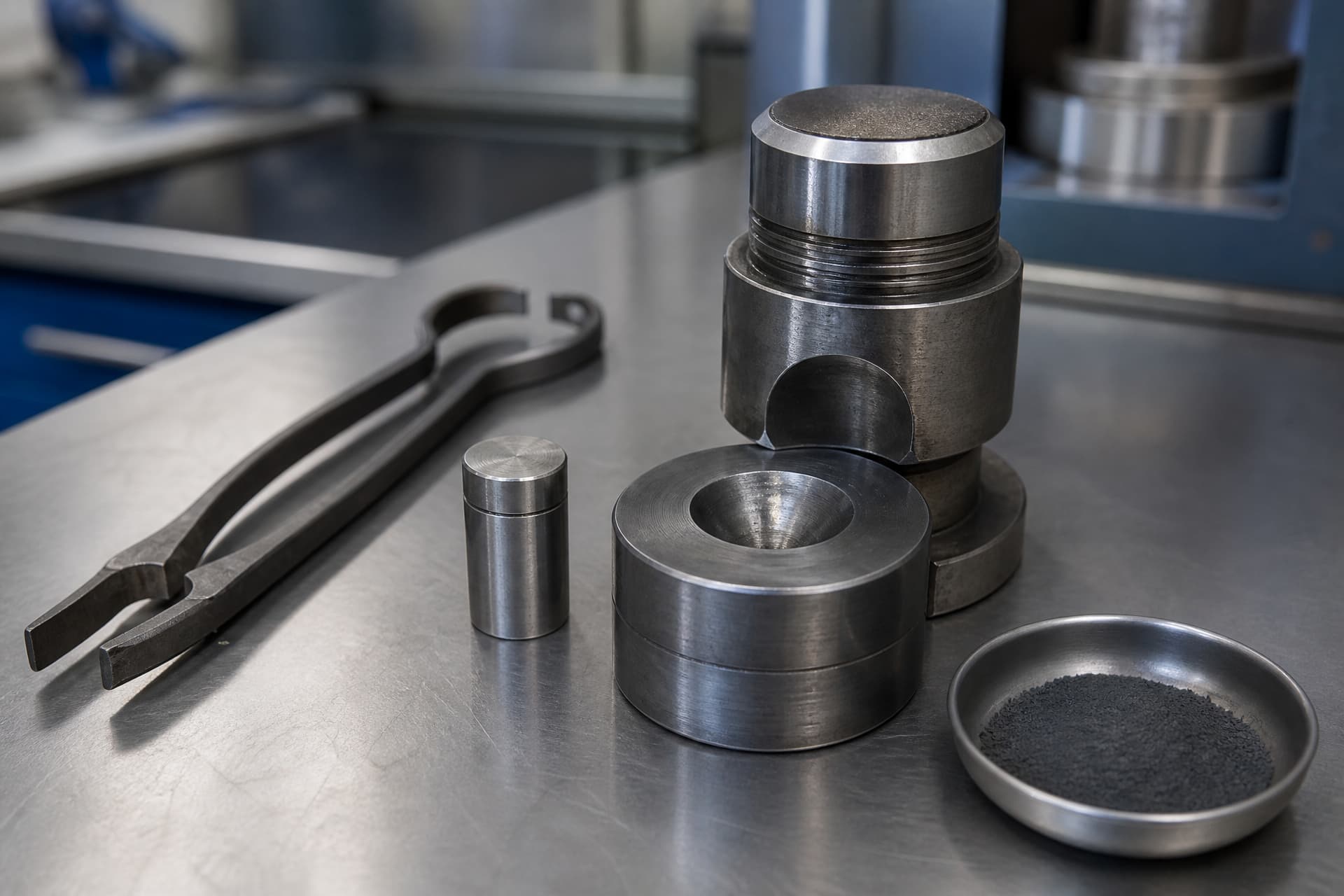 An opened cylindrical growth capsule and a steel anvil assembly from a high-pressure press resting on a stainless laboratory bench beside tongs and a shallow dish of fine black graphite powder