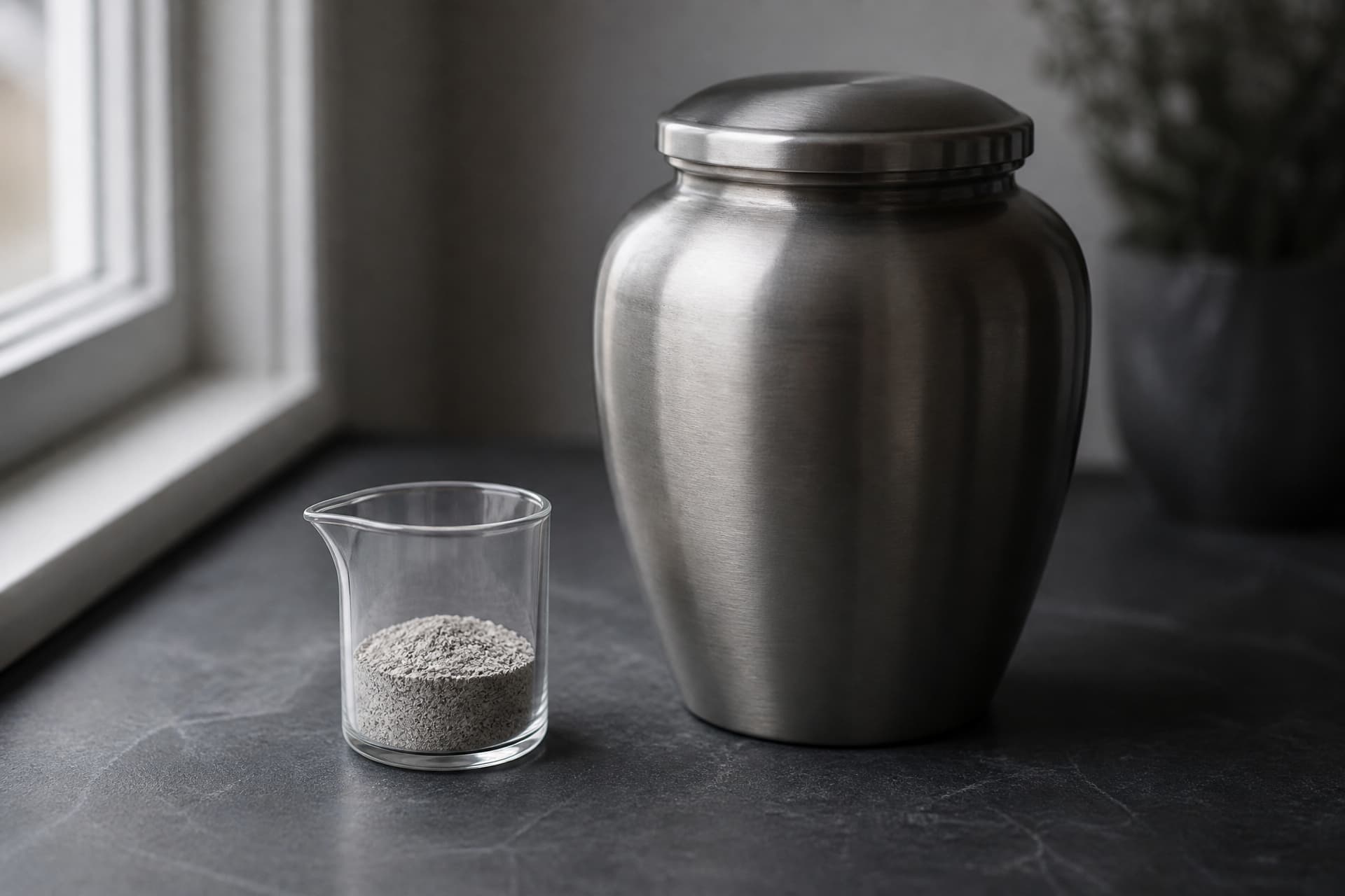 A small glass measuring cup holding a few ounces of pale gray cremated remains standing on a slate worktop beside a much larger closed pewter urn