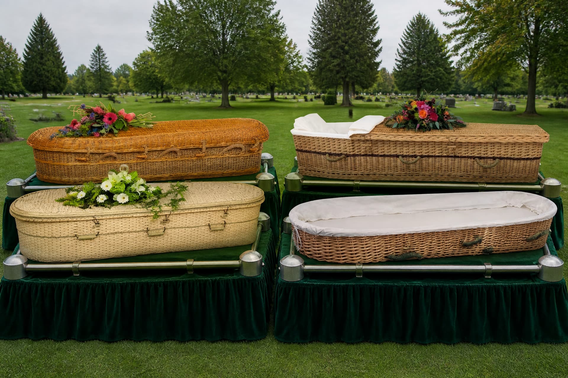Four woven biodegradable caskets resting on draped biers on a cemetery lawn under an overcast sky