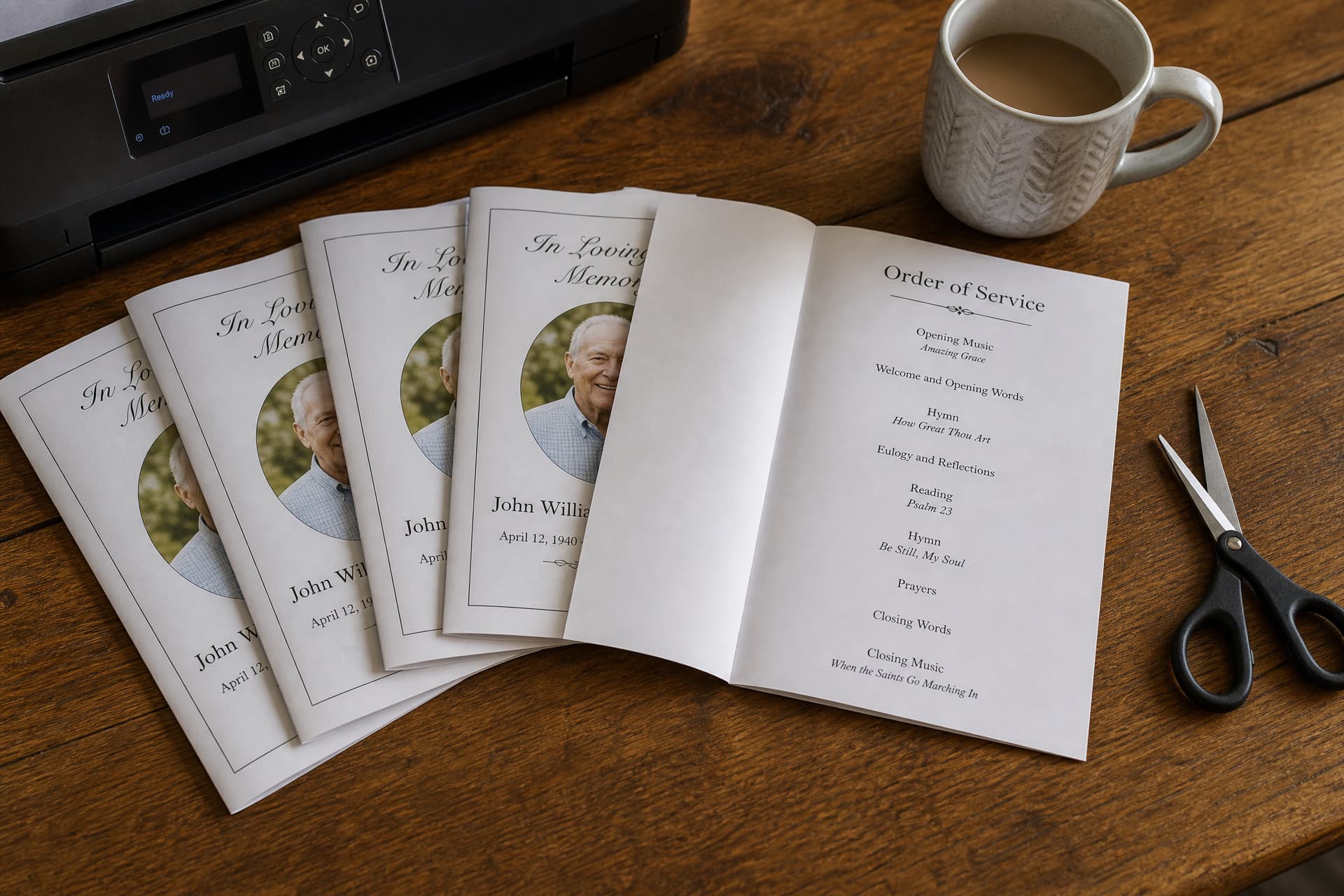 A kitchen table seen from above with a home printer at the edge and four freshly printed single-fold memorial programs fanned across the wood, the top one open to show a plain order of service