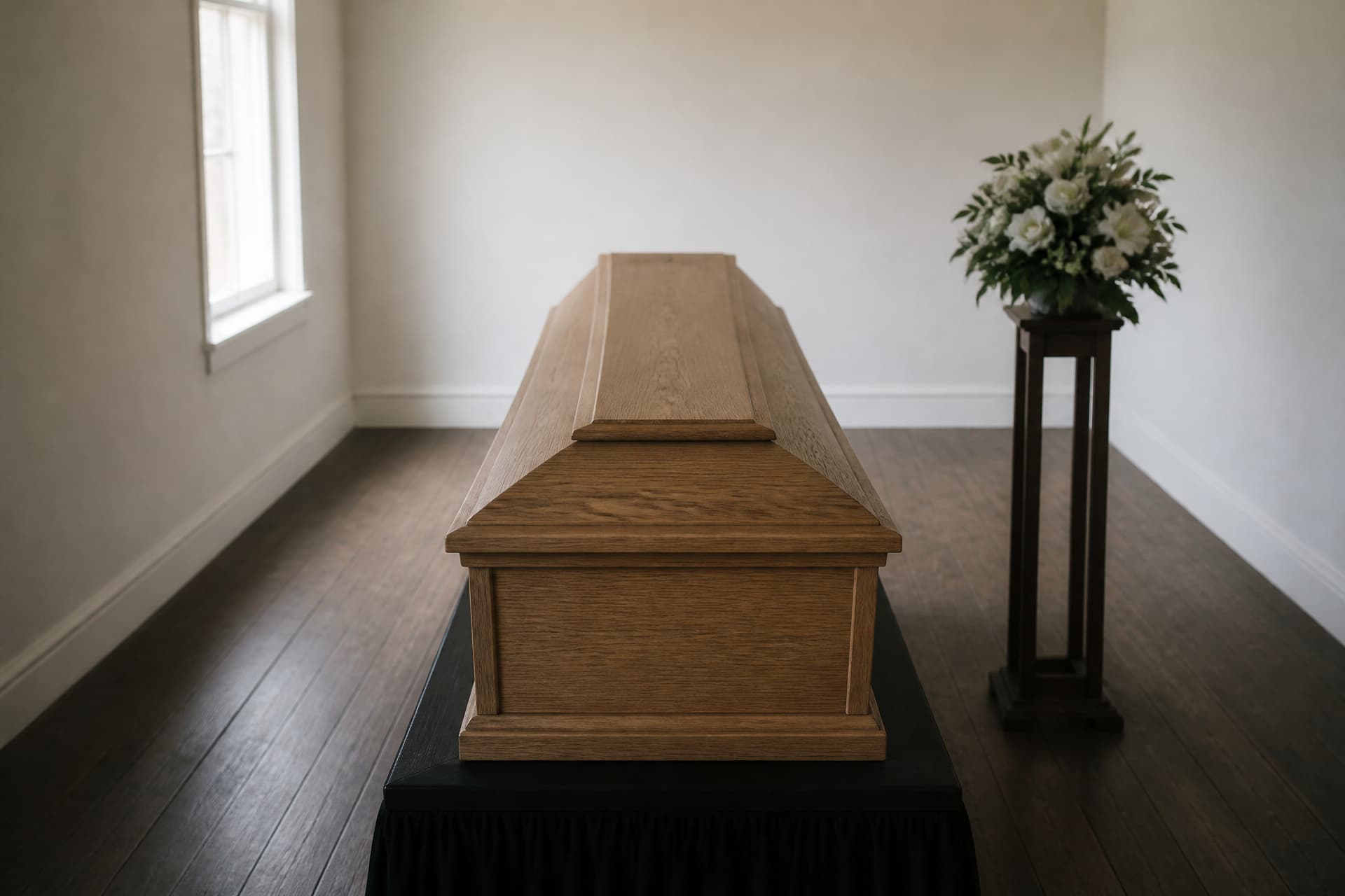 A plain closed wooden casket on a simple bier in a bare room with pale walls and a single window, seen from the foot end, one small arrangement of white flowers on a stand beside it