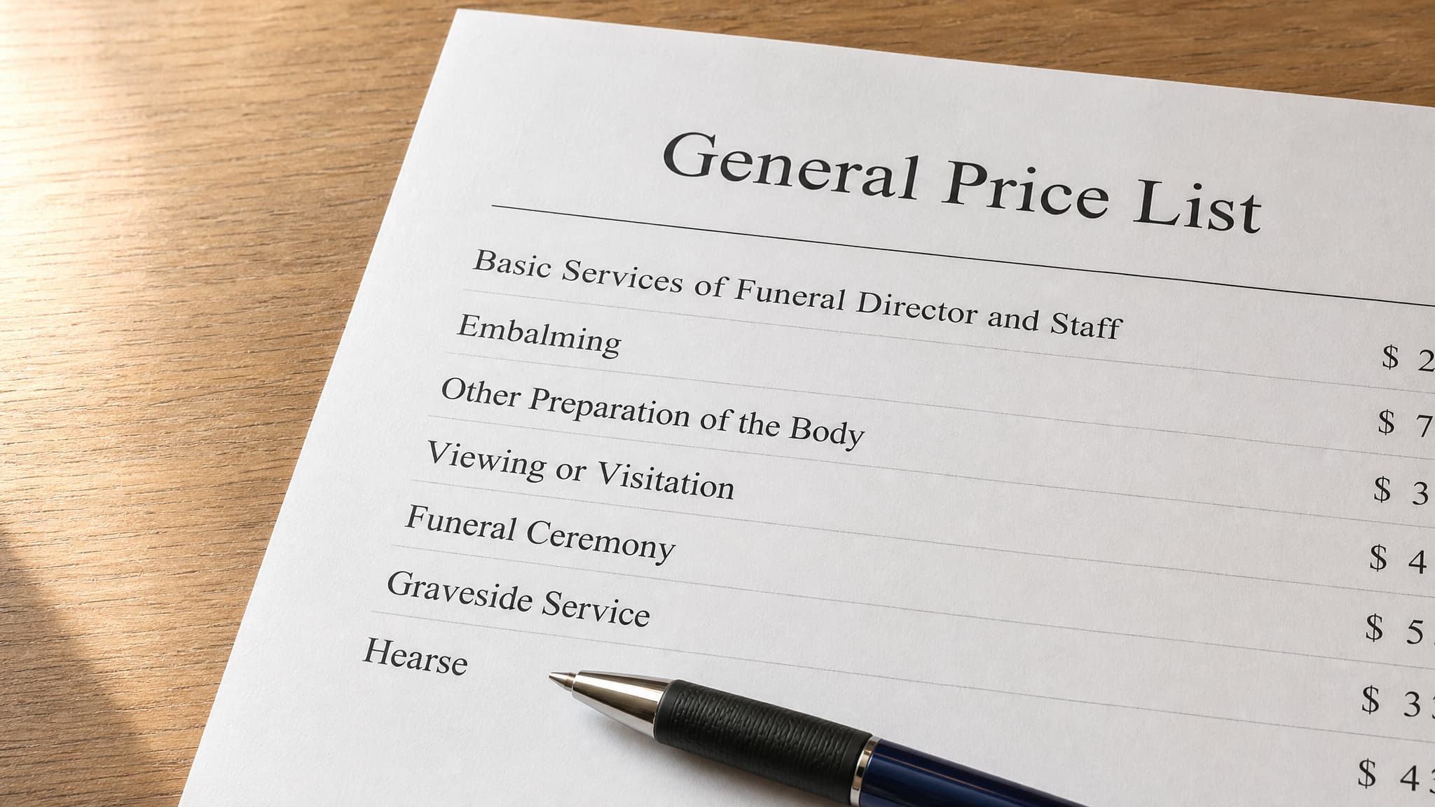 A printed General Price List lying at a slight angle on a plain wooden kitchen table seen from directly above, headed 'General Price List' with line items reading Basic Services of Funeral Director and Staff, Embalming, Other Preparation of the Body, Viewing or Visitation, Funeral Ceremony, Graveside Service and Hearse, a pen resting across the lower corner
