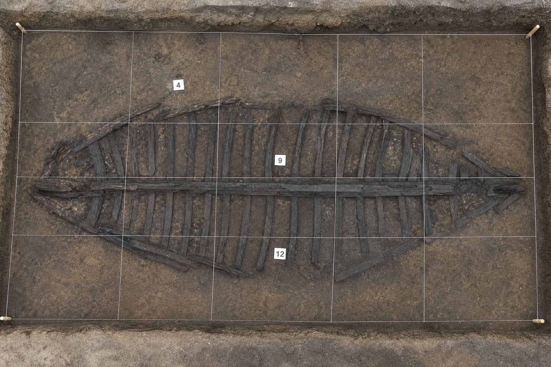 An excavated ship burial photographed from directly overhead, showing the dark timber ribs of a buried vessel in packed earth marked with survey string and numbered pegs