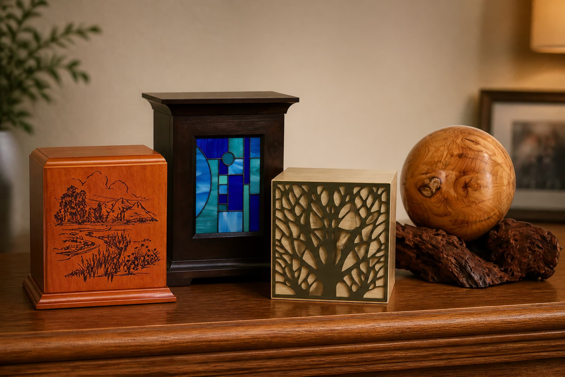 Four wooden cremation urns grouped on a sideboard in a softly lit home, in cherry, dark walnut and pale oak, with a turned wood sphere resting on driftwood