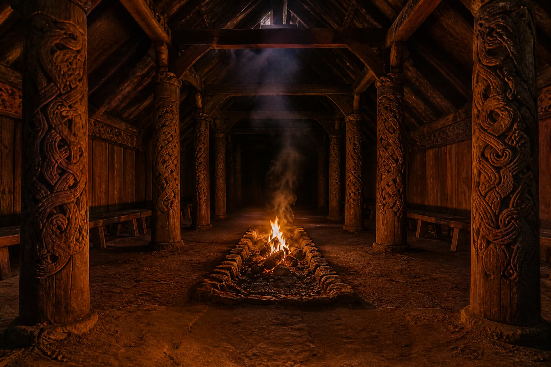 The interior of a long timber hall at night lit only by a central hearth fire, with empty benches running along both walls into the darkness
