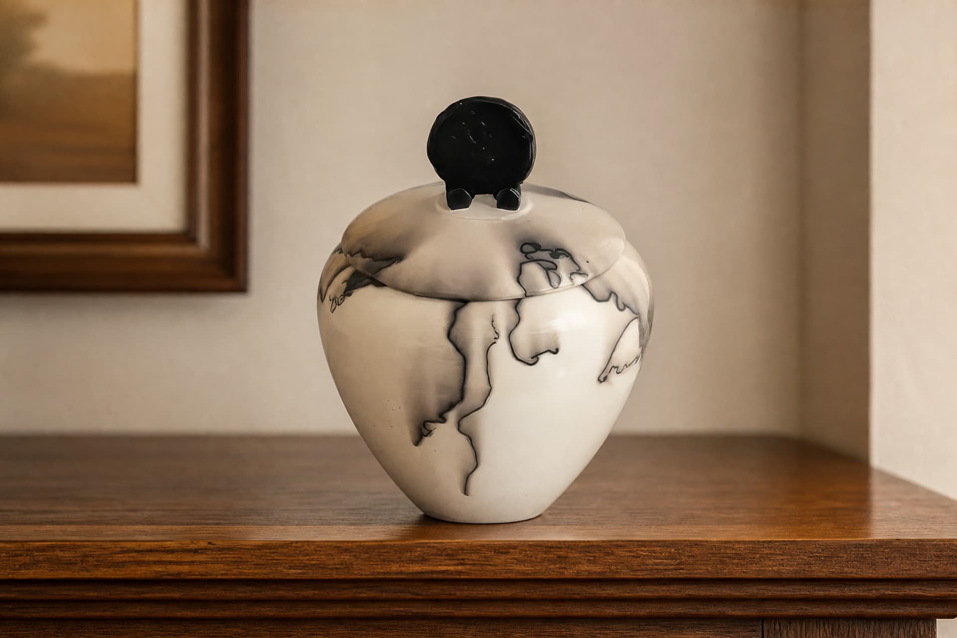 A single cream porcelain cremation urn marked with dark horsehair lines, a black disc finial on its lid, standing on a wooden mantel