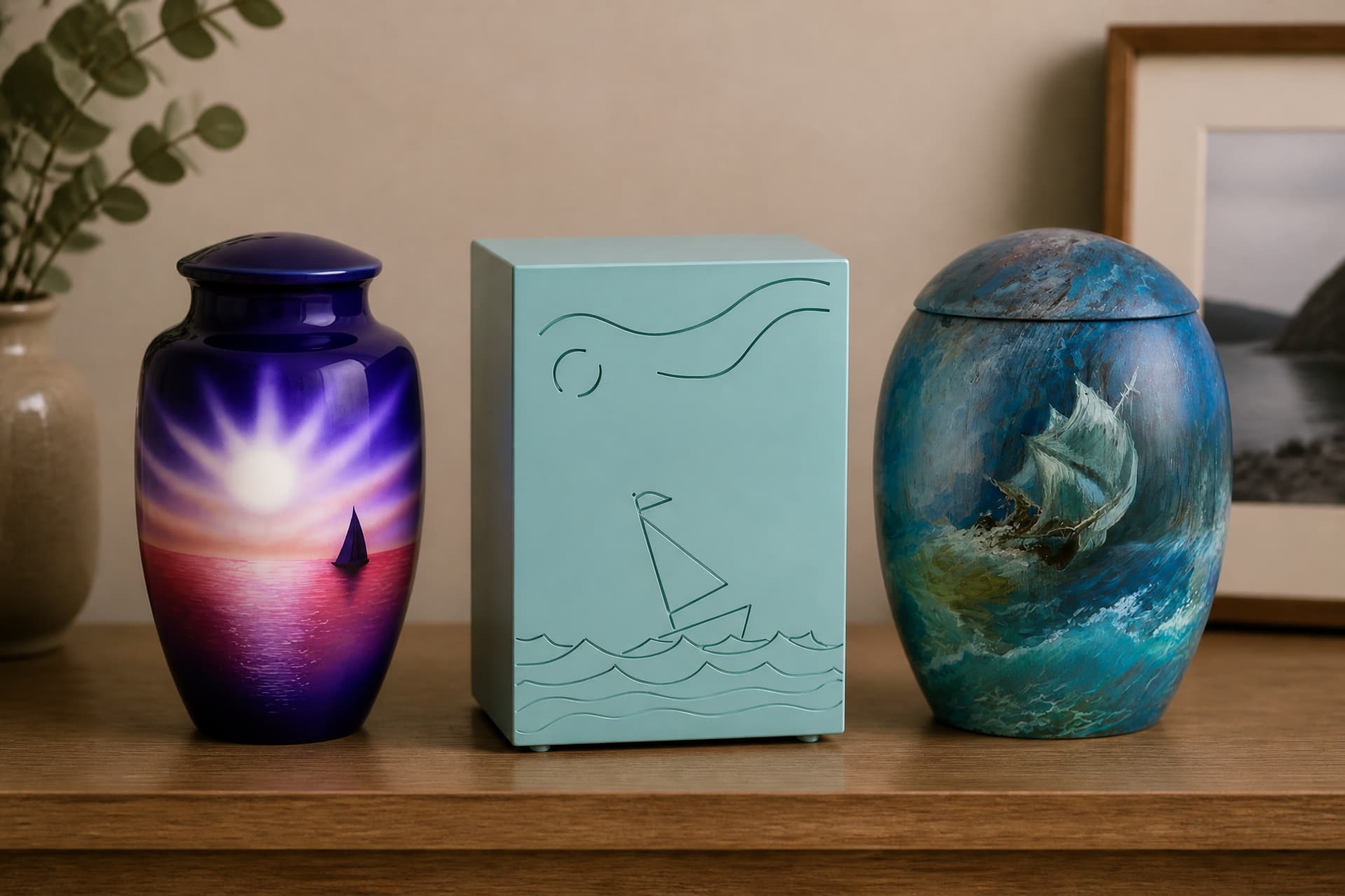 Three cremation urns carrying sailing and open-water motifs, standing in a row on a wooden shelf in a softly lit home