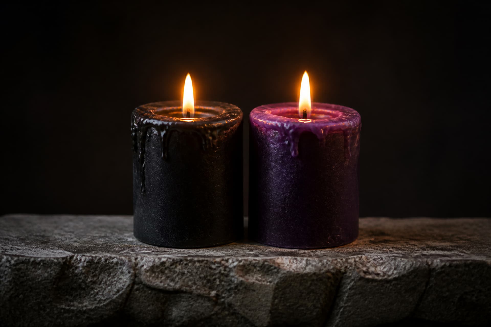 One black pillar candle and one deep purple pillar candle burning side by side on a weathered gray stone ledge at dusk against a plain dark background