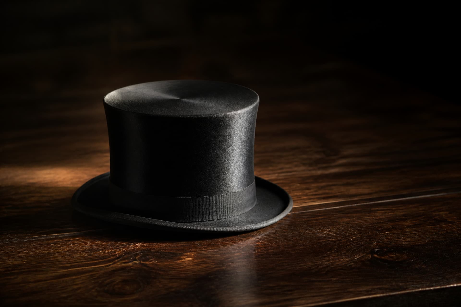 A single black silk top hat resting upright on a dark oiled wood tabletop, lit from one side by warm window light with deep shadow behind it