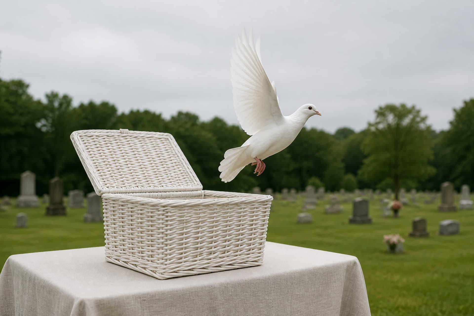 An open white wicker release basket on a linen-draped table outdoors with a single white bird lifting from it and a soft cemetery lawn behind