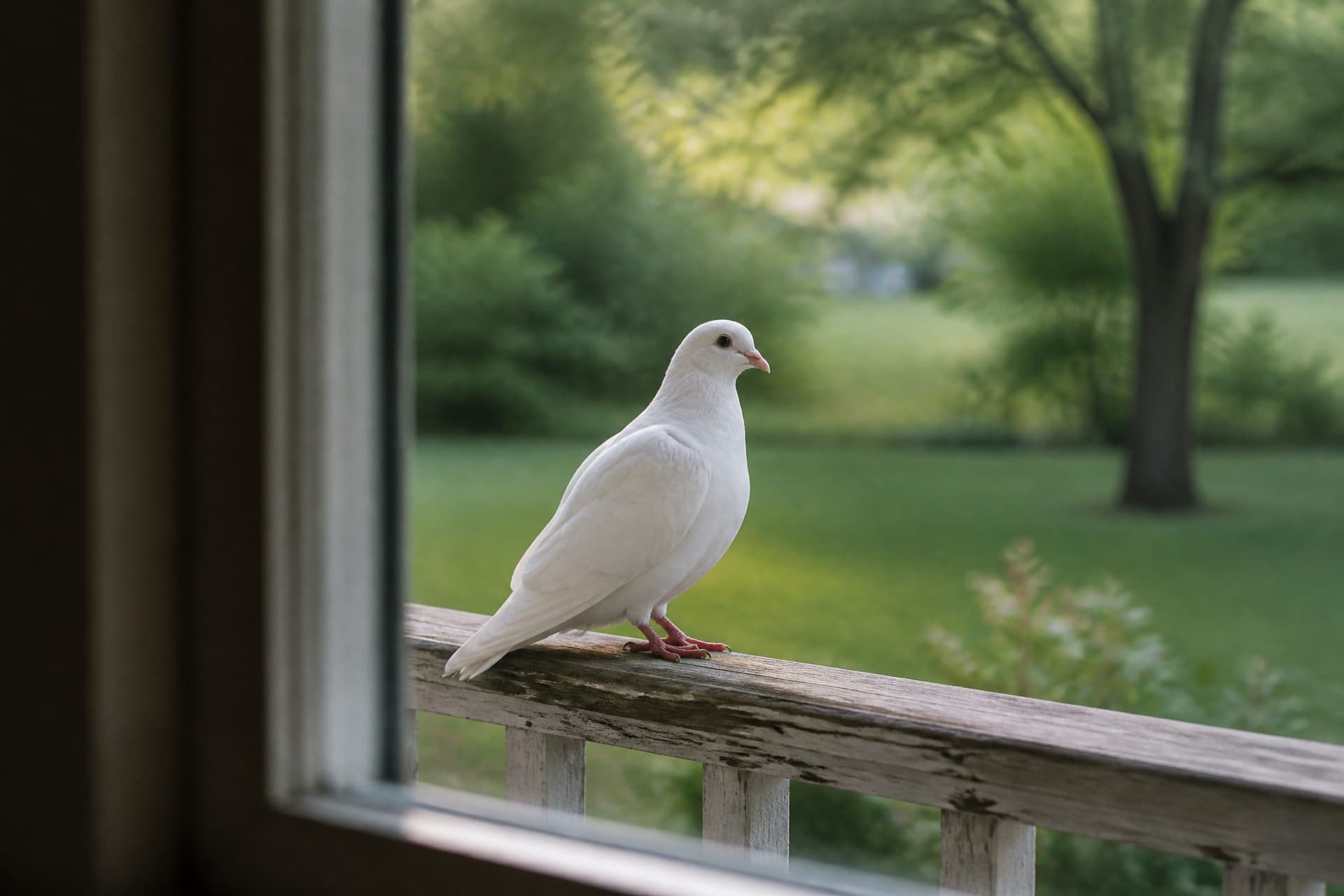 A single white dove standing on a wooden porch rail in early daylight, seen from indoors through the soft edge of a window frame
