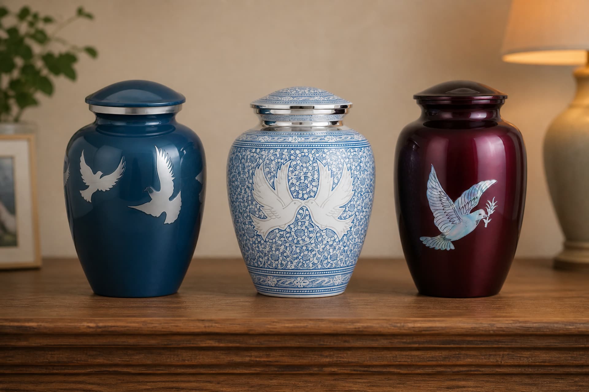 Three enameled metal cremation urns with dove designs โ navy, pale blue and burgundy โ standing in a row on a wooden shelf in soft lamplight