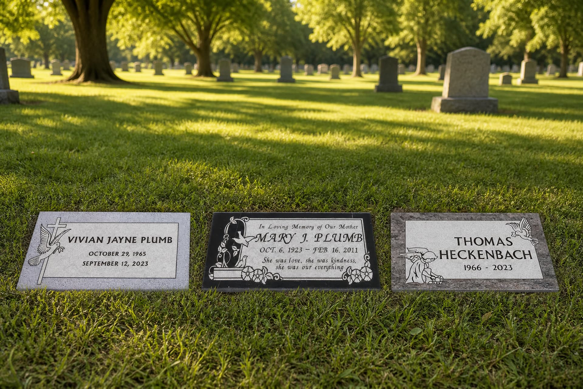 Three flat granite grave markers with carved dove designs lying flush in a sunlit cemetery lawn