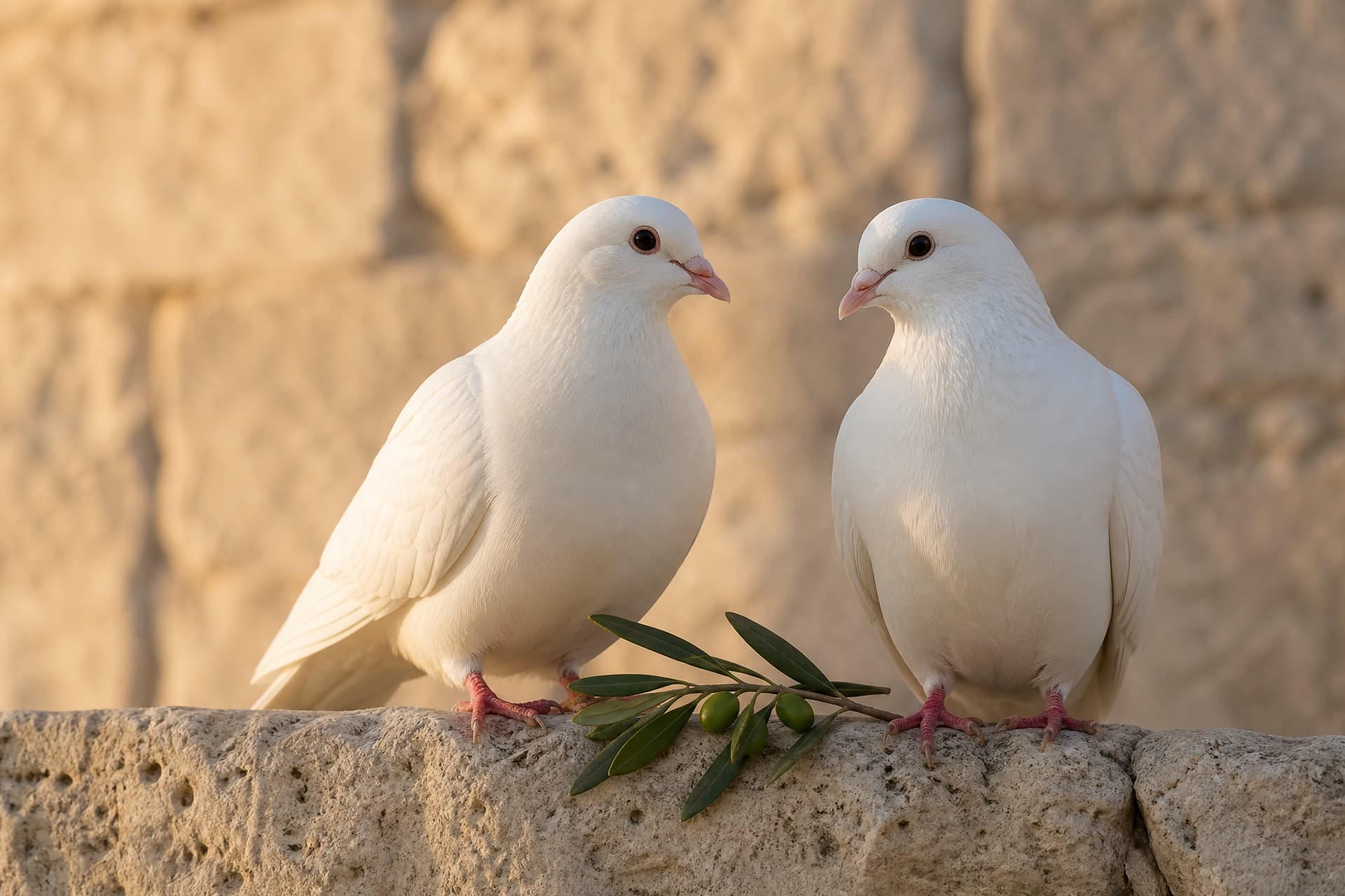 Two doves perched on a weathered stone ledge with a green olive branch resting on the stone between them in warm low sunlight