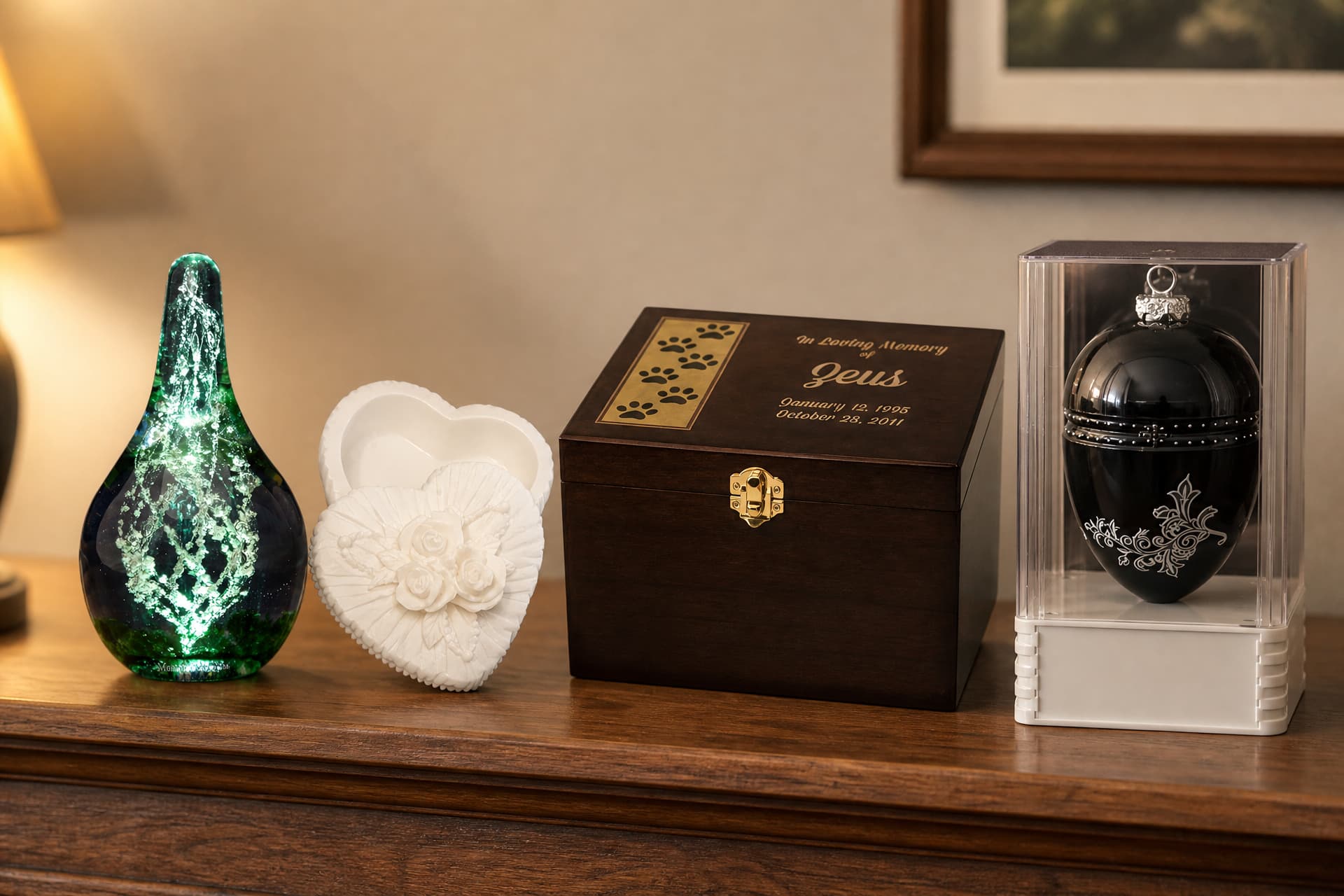 Framed pet photo keepsakes and engraved memorial tiles arranged on a wooden surface
