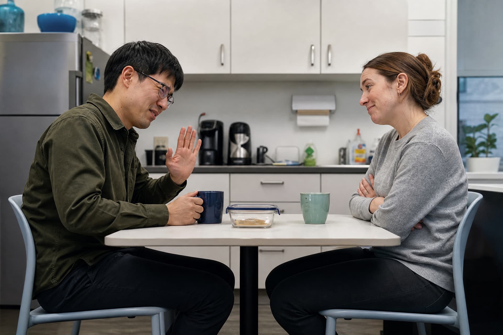 Two colleagues at an office kitchen table, one apologizing mid-sentence, the other waving it off