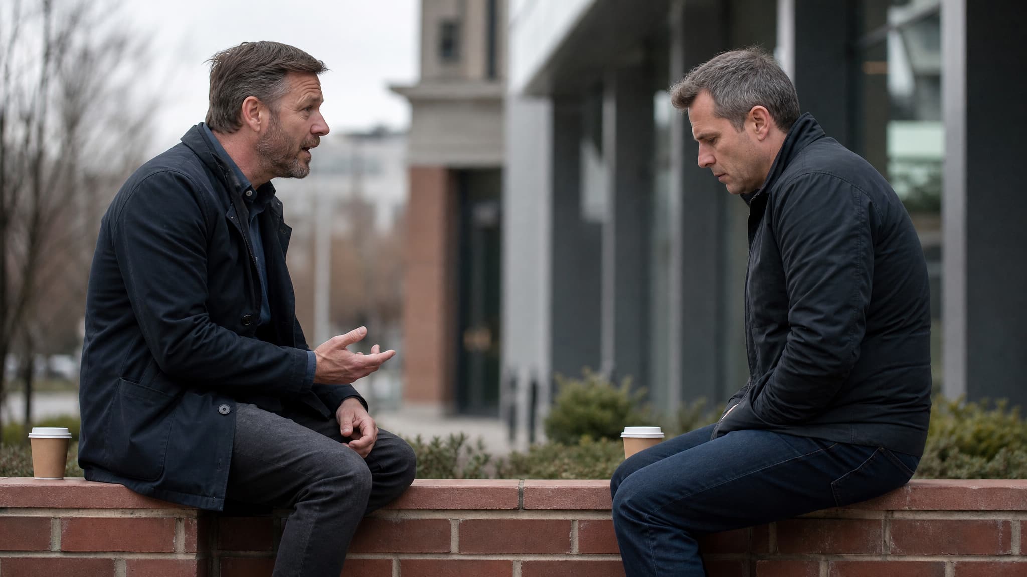 Two people sitting on a low wall outside with coffee cups beside them, mid-conversation