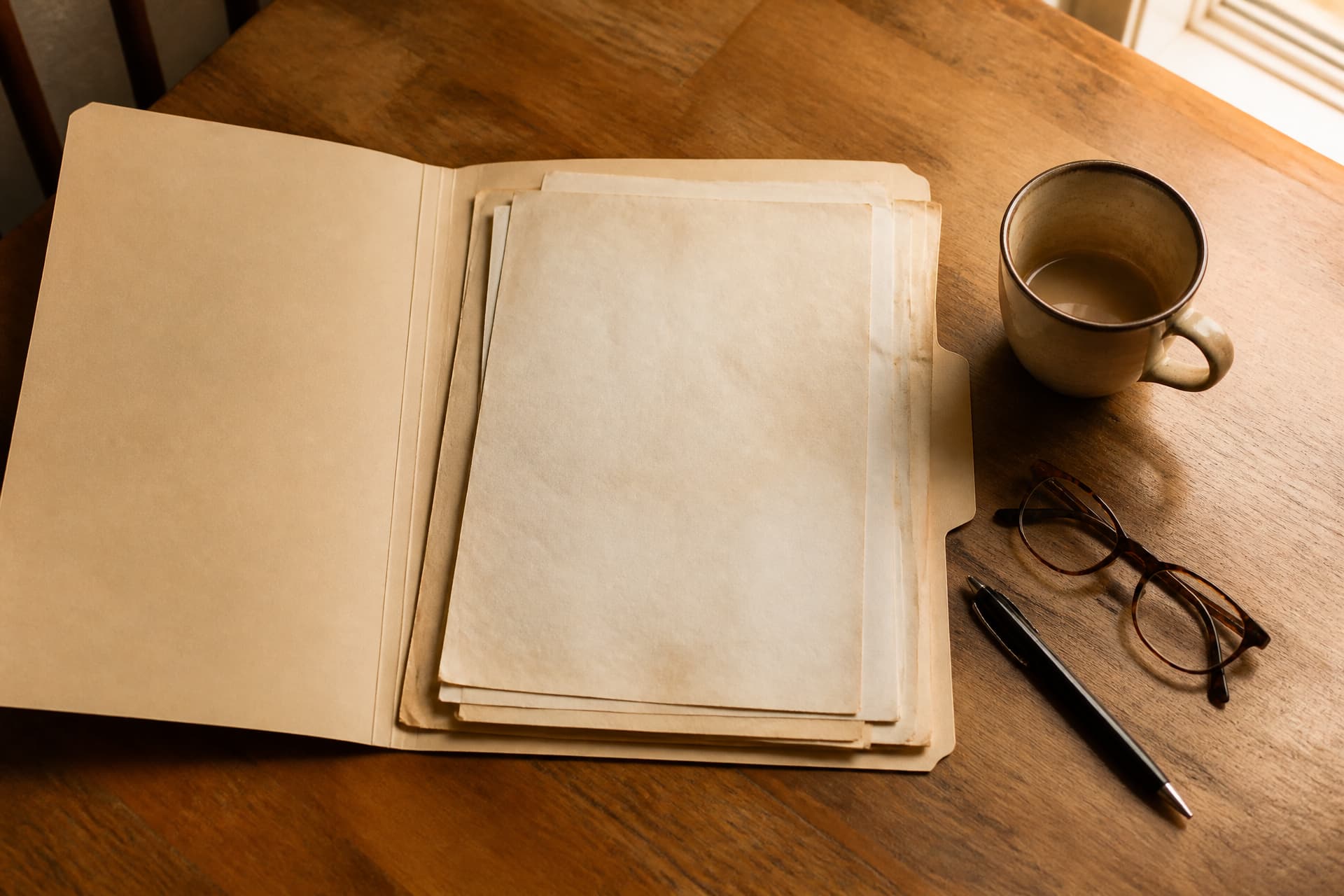 An open manila folder of aged papers on a kitchen table beside reading glasses, a pen and a cup of coffee, the topmost sheet turned away so nothing on it is readable