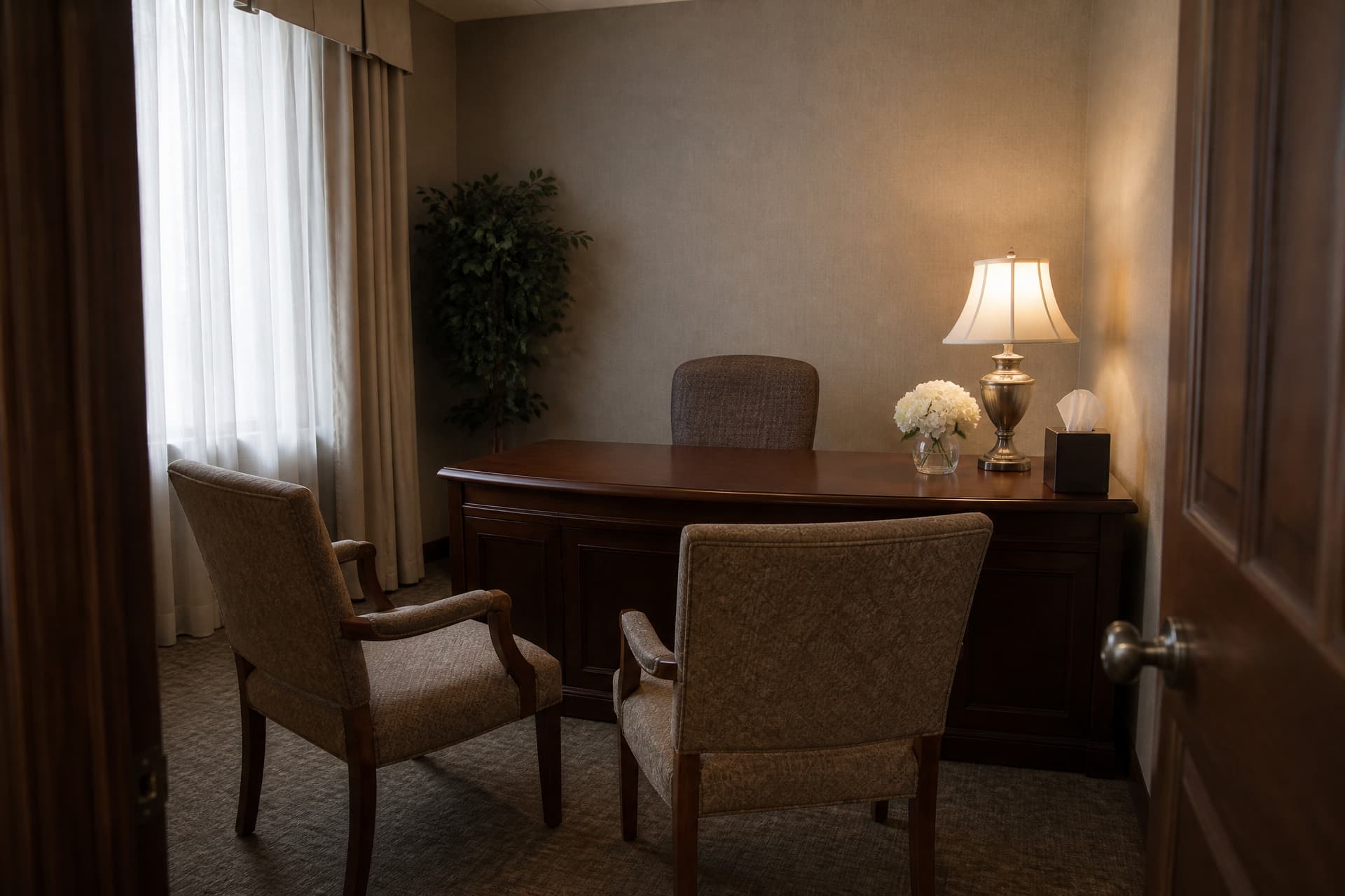 An empty funeral home arrangement office with a polished wooden desk, two upholstered chairs facing it and one behind, a box of tissues at the corner, a small vase of white flowers and a lit table lamp
