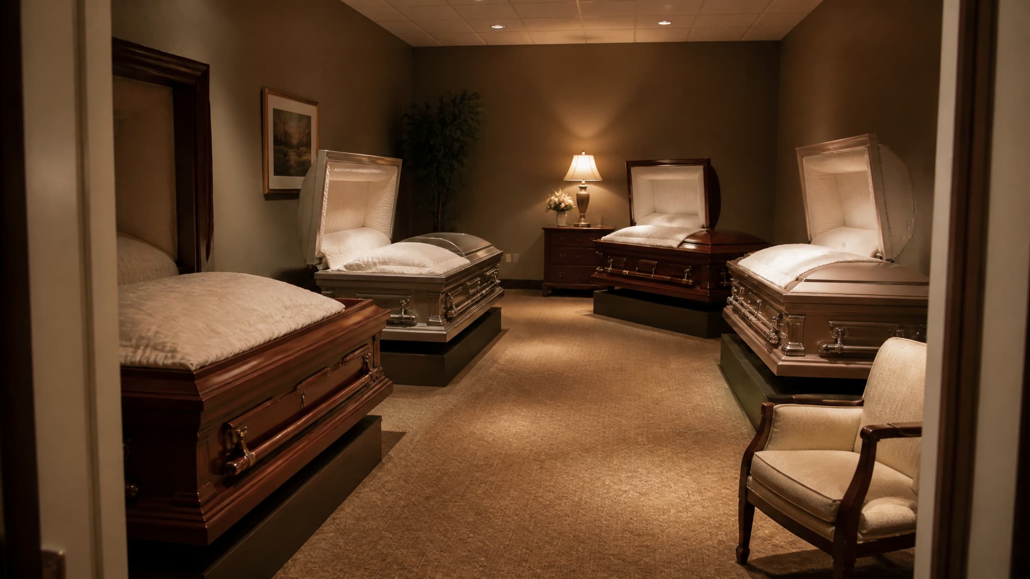 A funeral home casket showroom in warm lamplight with four caskets displayed open on stands at intervals along a carpeted room, no price cards visible and no people present