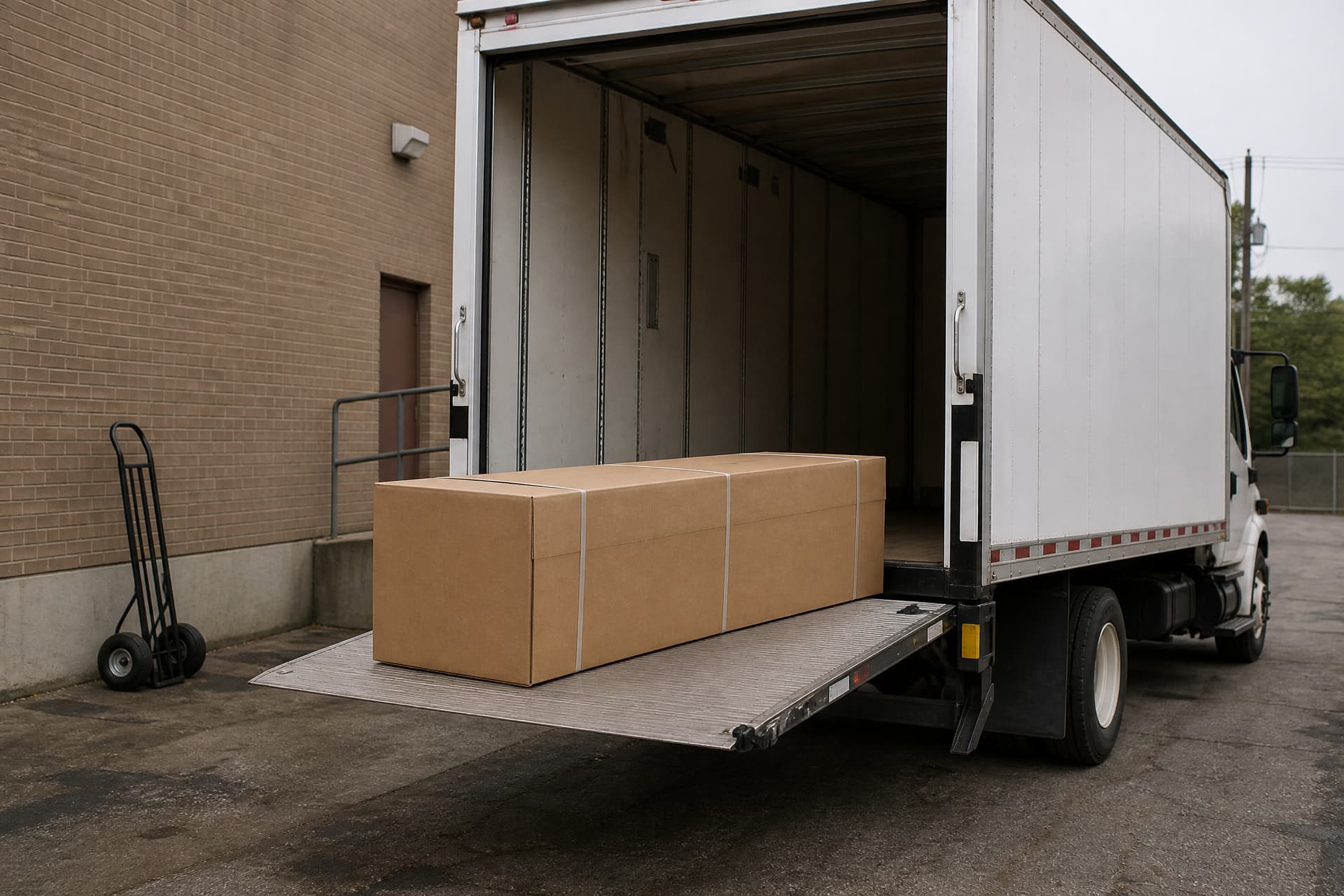 A plain casket-sized corrugated shipping carton with plastic strapping standing on the hydraulic tail lift of an unmarked white box truck, parked on a paved service area behind a brick building