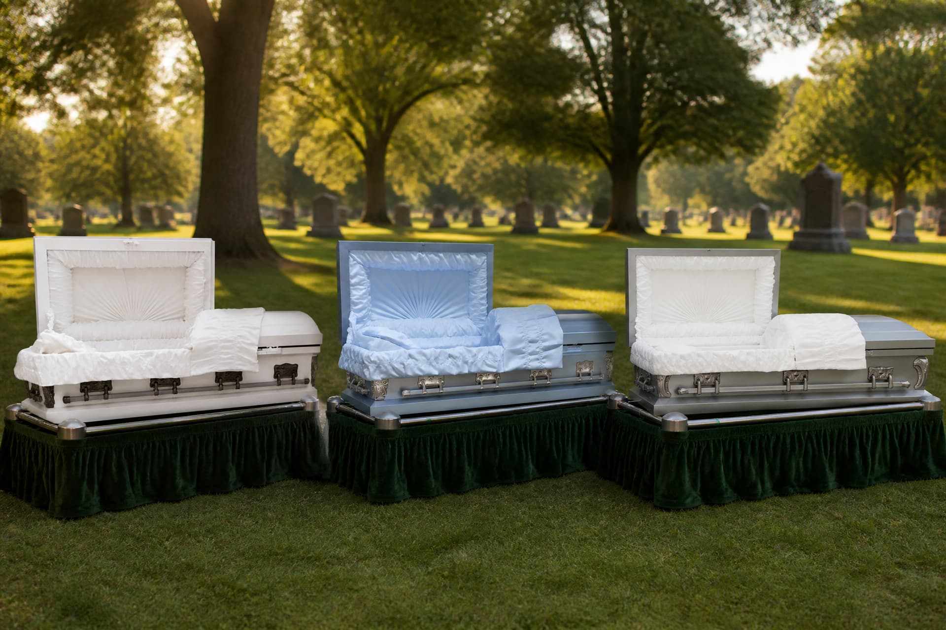 Three metal caskets displayed open on draped biers in a tree-lined cemetery, a white one and a silver one with white crepe interiors and a pale blue one with a matching blue interior