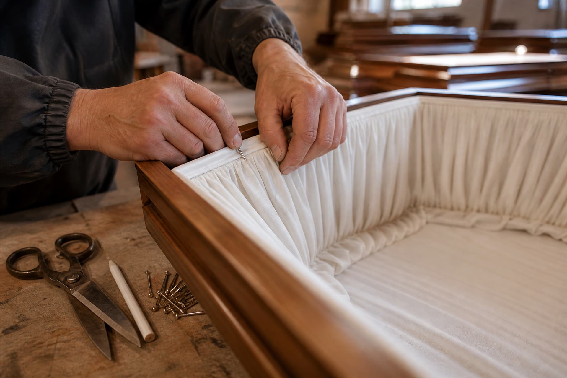 Two hands pinning a gathered white crepe lining panel into the corner of a polished wooden casket shell on a workshop bench, with upholstery pins, shears and a chalk marker lying beside it