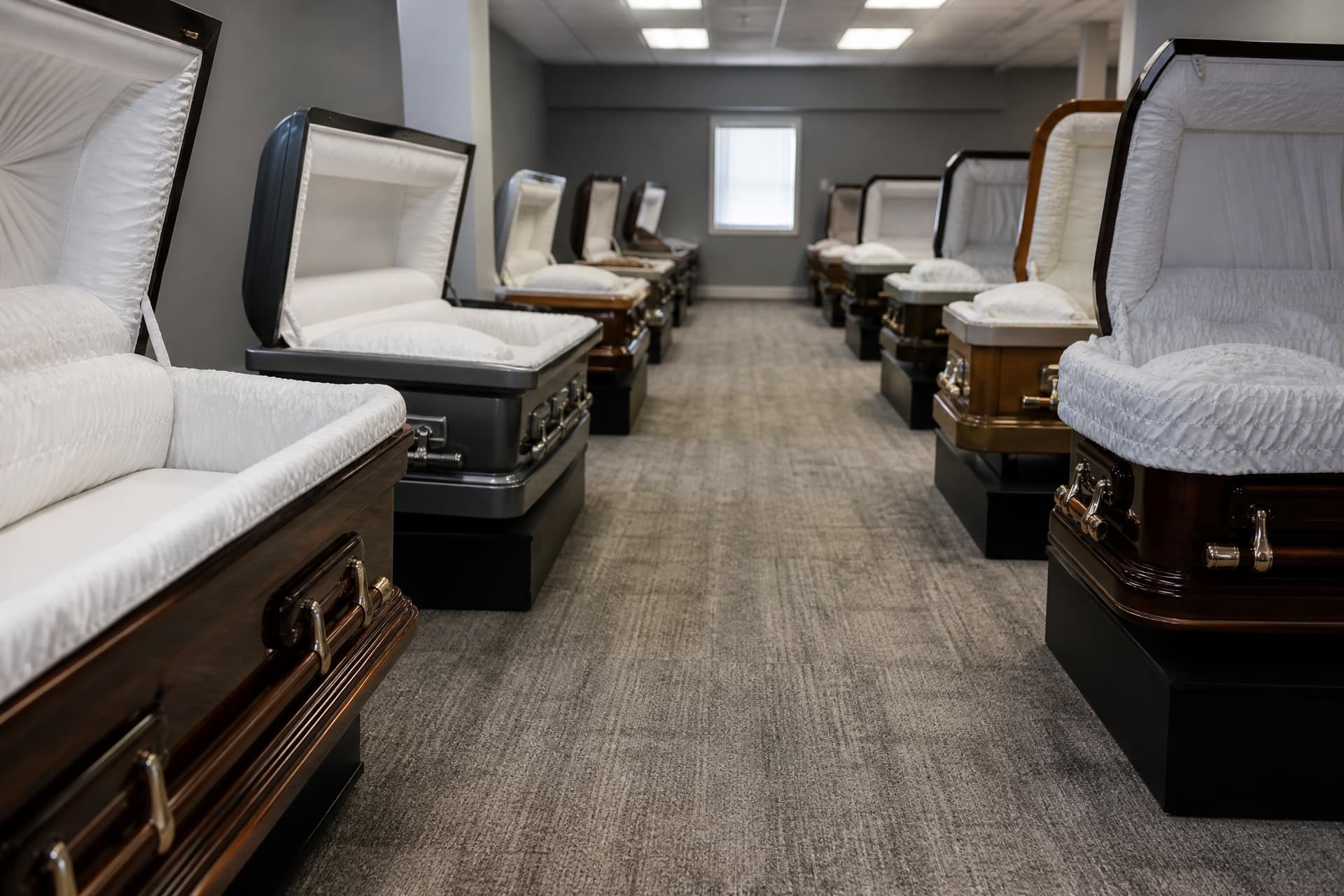 A casket showroom aisle seen from one end, caskets displayed open on low stands receding down both sides under even ceiling light