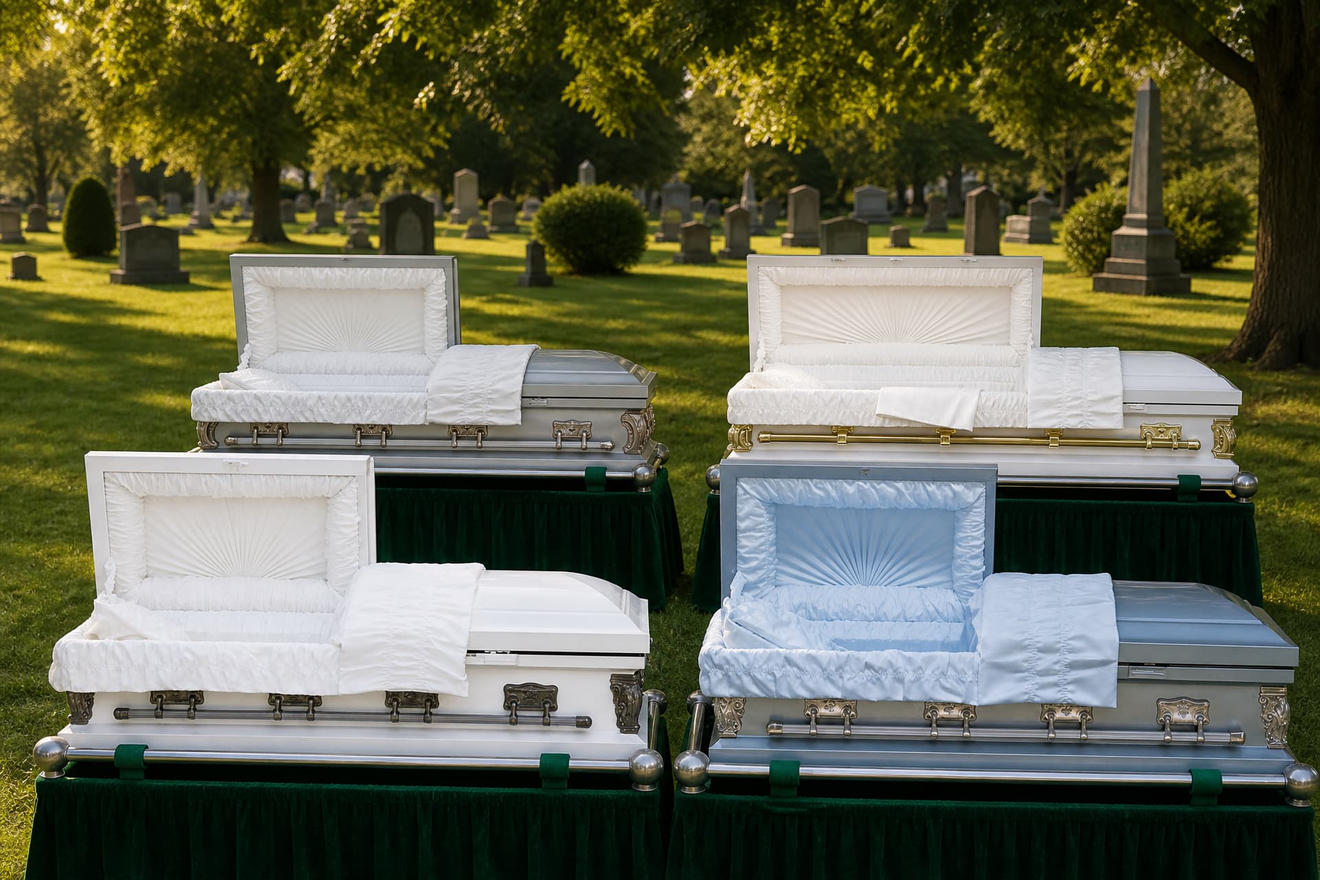 Four metal caskets resting on draped biers on a sunlit cemetery lawn