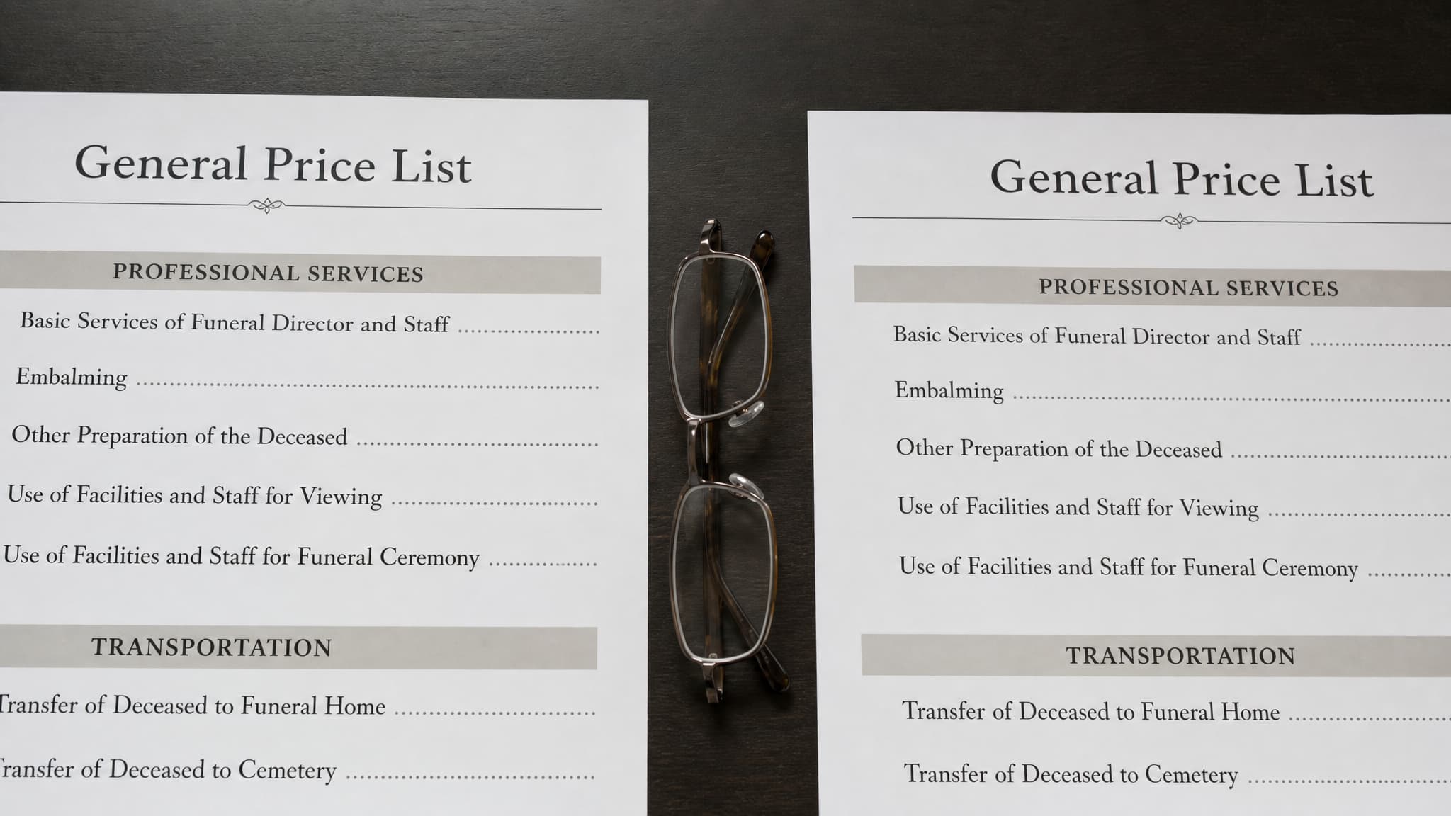 Two printed funeral price lists laid side by side on a dark table seen from directly above, each headed 'General Price List' and each showing the same first line item, with a pair of reading glasses resting between them