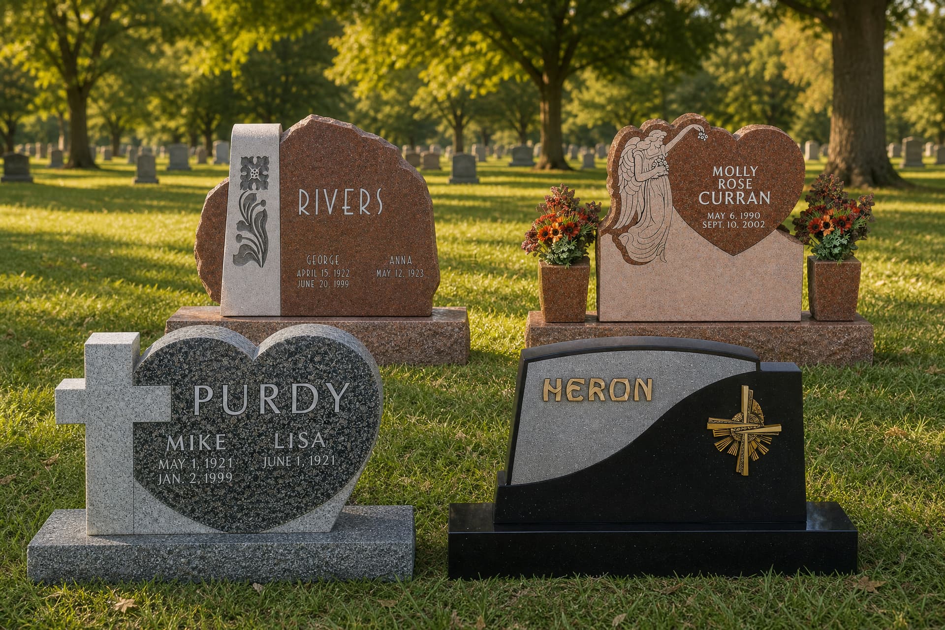 Four upright granite monuments standing on a sunlit cemetery lawn: a carved lily pillar, a heart with an angel in relief, a cross joined to a double heart, and a black stone with gold lettering