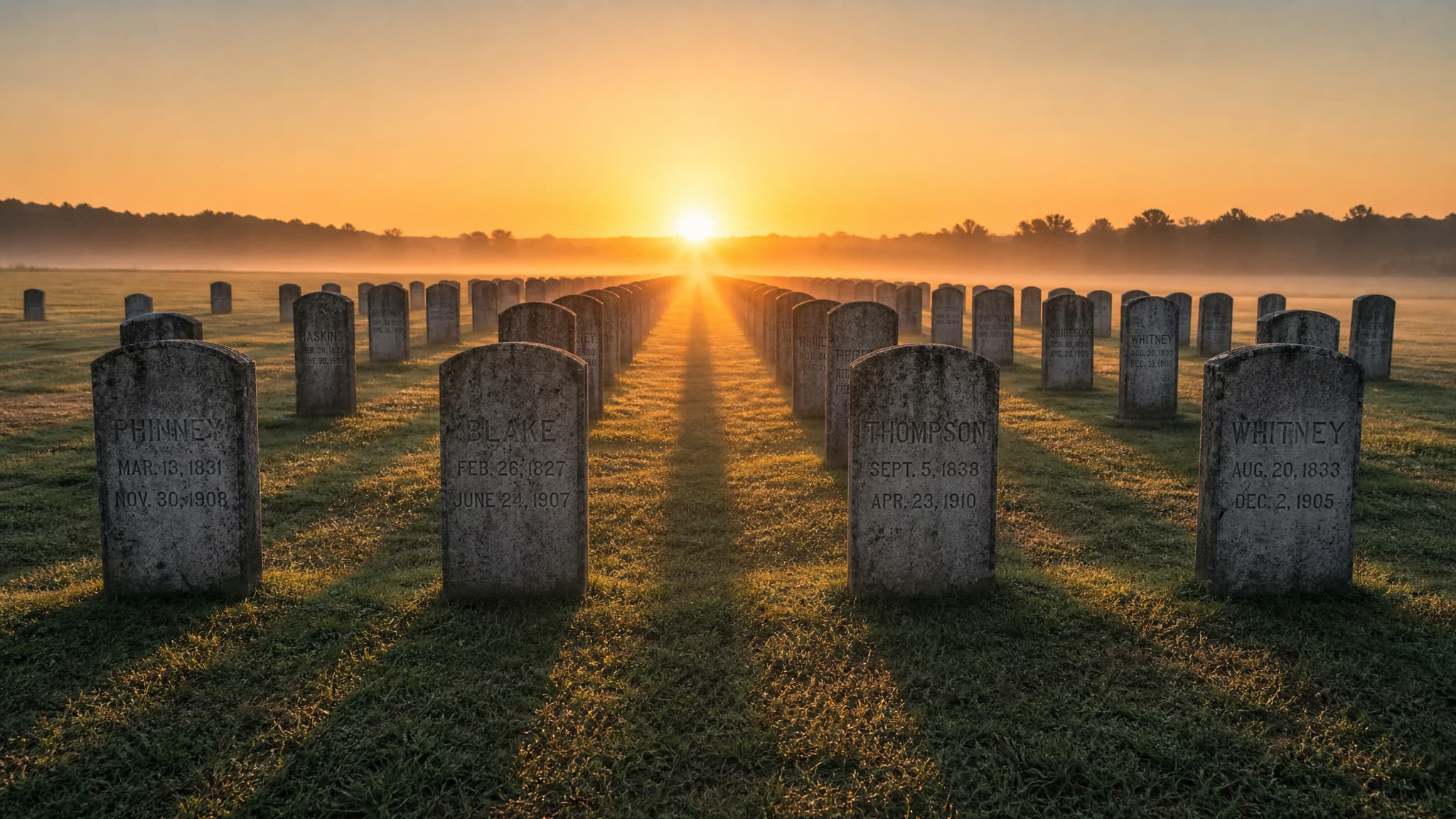 A long row of upright granite headstones in an old churchyard photographed at sunrise, every stone aligned in the same direction with low golden light striking the inscribed faces