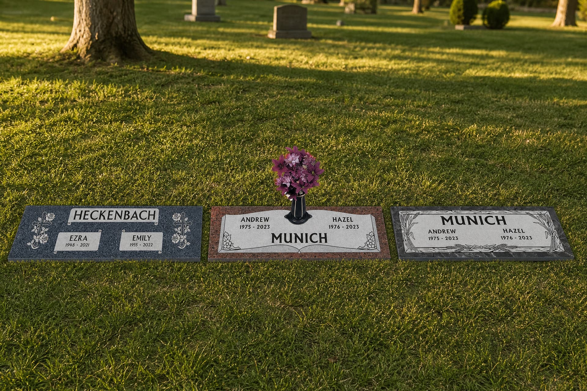 Three flat companion granite grave markers set level with a sunlit cemetery lawn, each carrying two names and pairs of dates, the center one fitted with a bronze flower vase