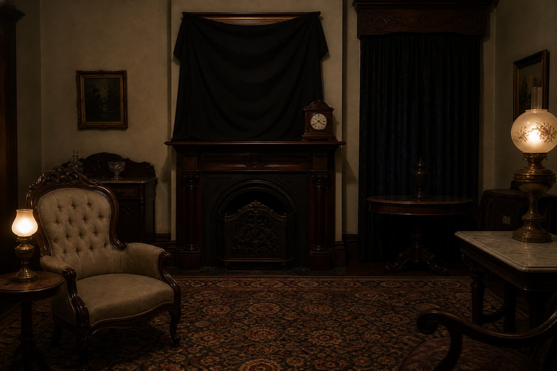 A dim nineteenth-century parlor with a gilt-framed overmantel mirror draped in black crape, heavy drawn curtains, and a stopped mantel clock beside it