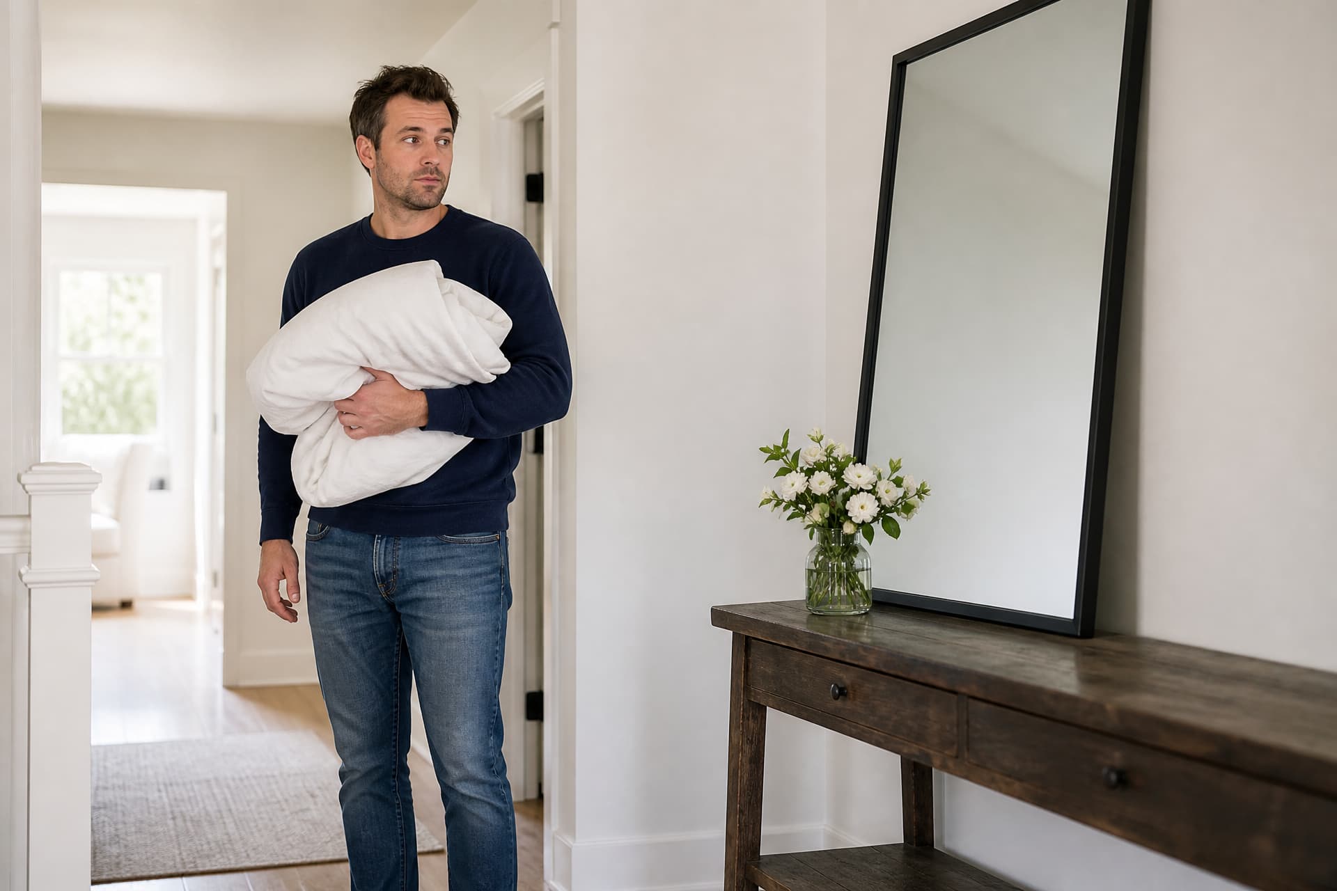 A man stands in a bright hallway holding the folded white sheet he has just taken down, beside the uncovered mirror and a small vase of white flowers on the console table