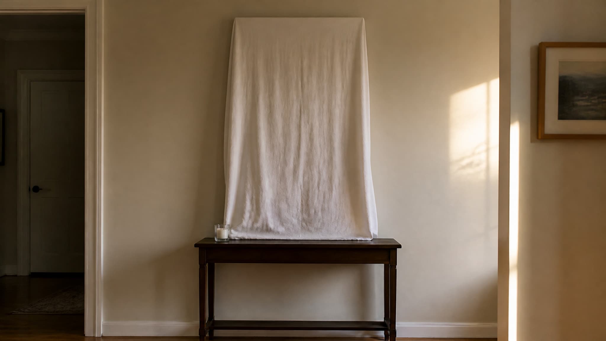 A tall hallway mirror completely draped in a plain white sheet in a quiet, warmly lit home, with an unlit candle on a small table below
