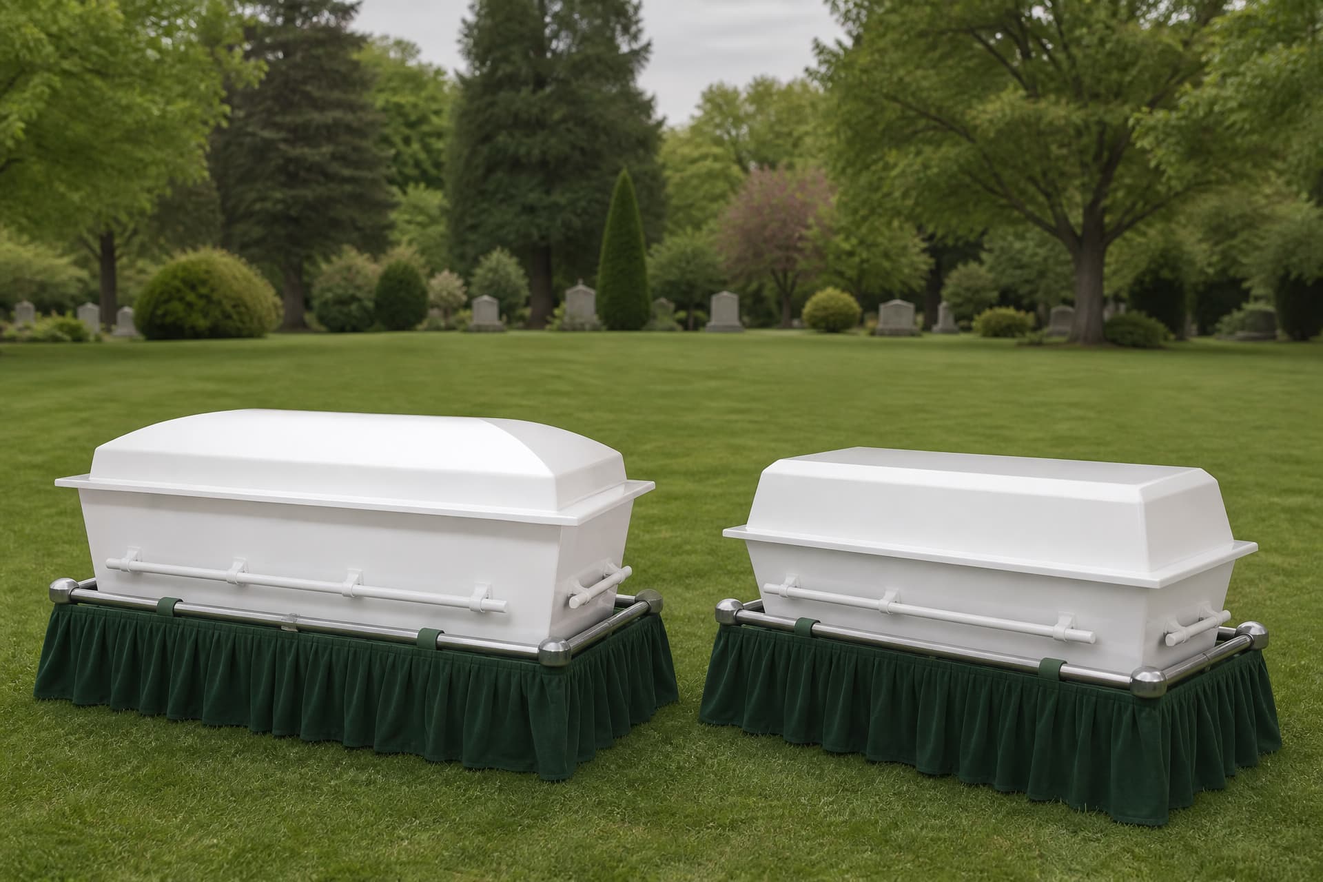Two white outer burial containers resting on green draped biers on a cemetery lawn under an overcast sky, each with chrome side rails and a domed lid
