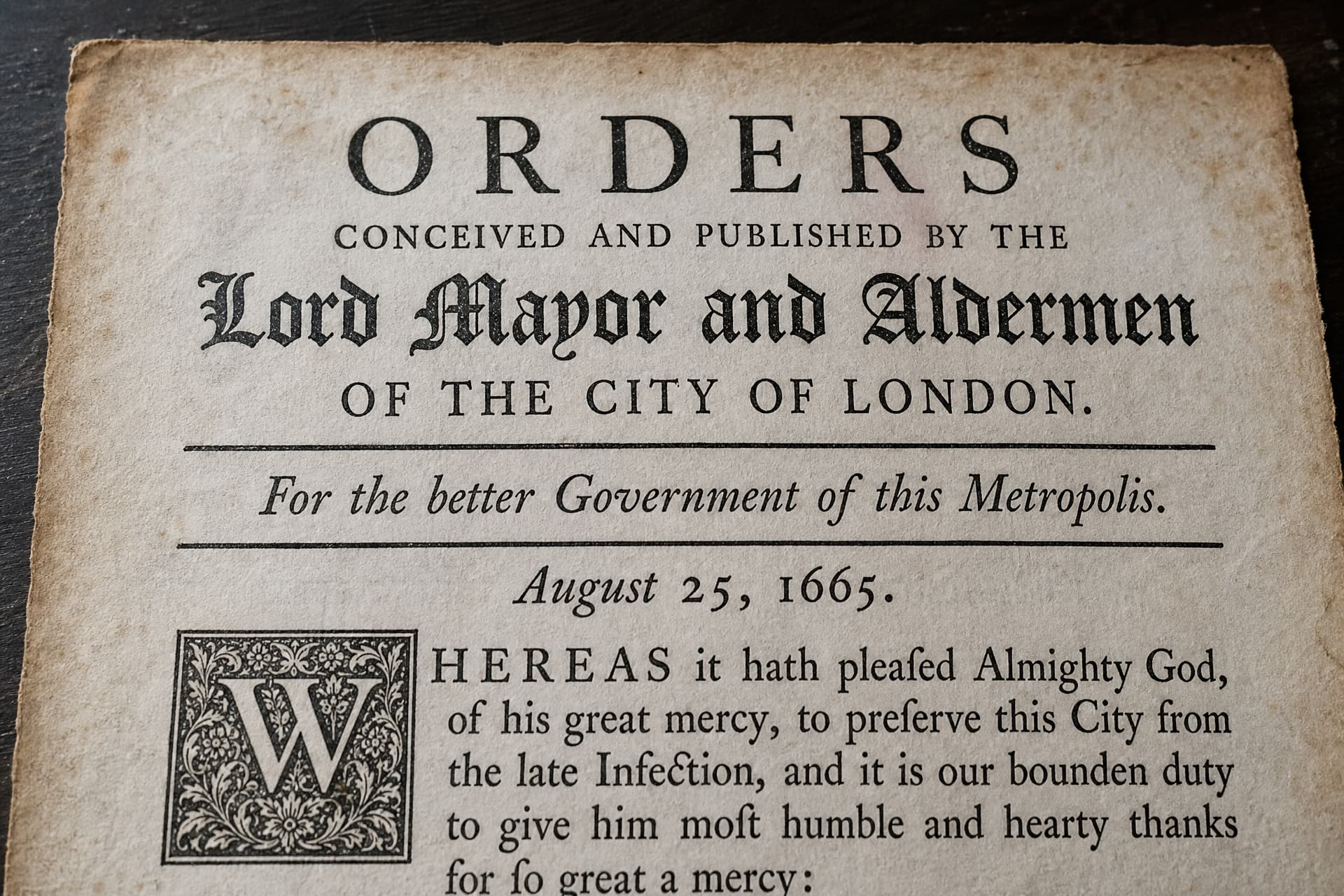 The upper third of a seventeenth-century printed broadsheet on a dark archive table, headed ORDERS CONCEIVED AND PUBLISHED BY THE Lord Mayor and Aldermen OF THE CITY OF LONDON, dated August 25, 1665, with a decorated initial beginning the first paragraph