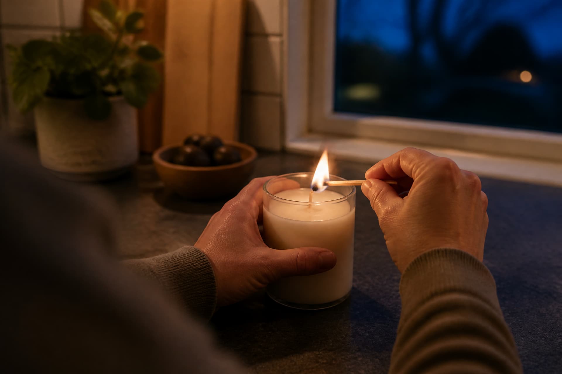 A pair of adult hands holding a flaring match to the wick of a jar candle on a kitchen counter at dusk