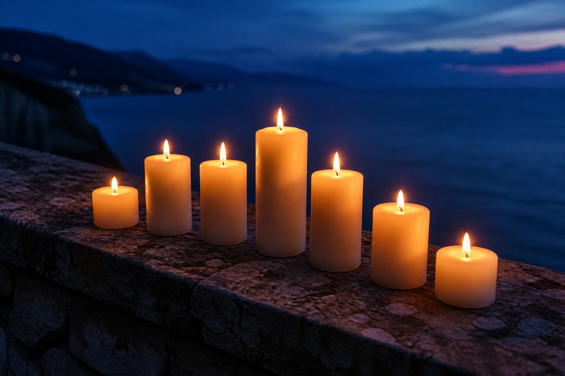 A row of six or seven candles of different heights burning together on a stone ledge at dusk, seen slightly from above